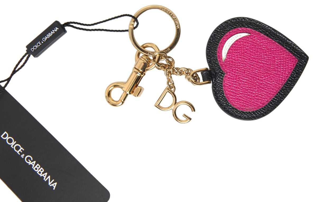 Dolce & Gabbana Black Fuchsia Heart Leather Gold Metal Keyring Keychain - Maison Luxe