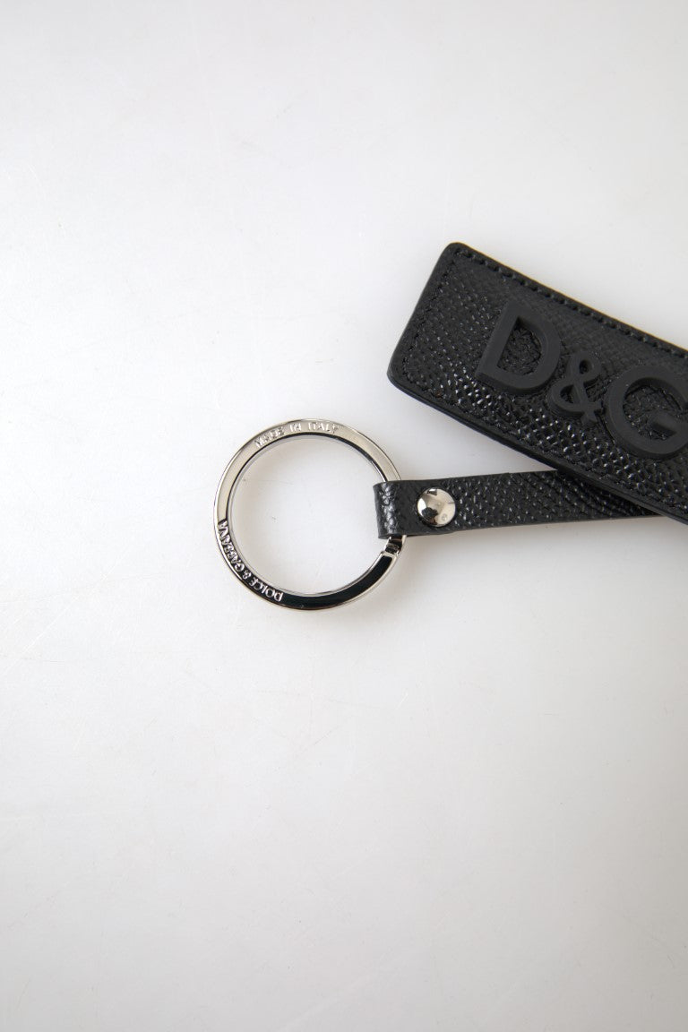 Dolce & Gabbana Black DG Logo Leather Silver Metal Keychain - Maison Luxe