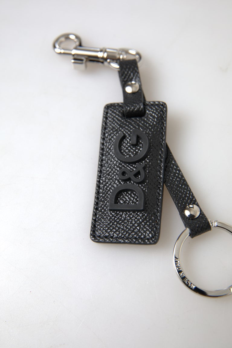 Dolce & Gabbana Black DG Logo Leather Silver Metal Keychain - Maison Luxe