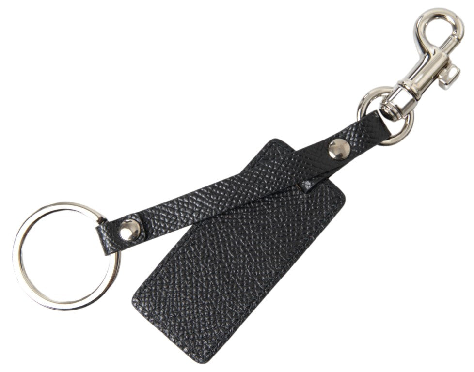 Dolce & Gabbana Black DG Logo Leather Silver Metal Keychain - Maison Luxe