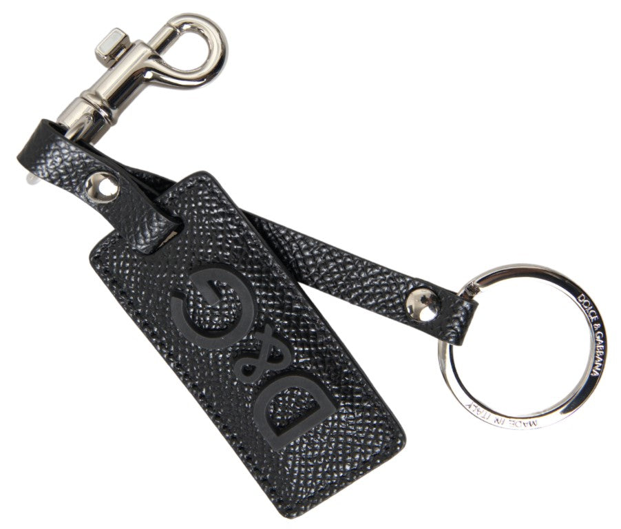 Dolce & Gabbana Black DG Logo Leather Silver Metal Keychain - Maison Luxe