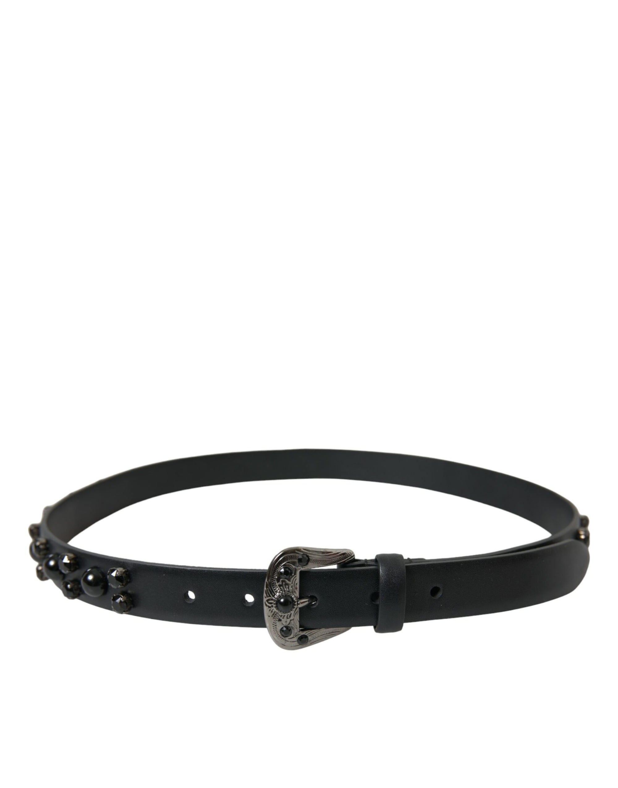 Dolce & Gabbana Black Embellished Leather Engraved Buckle Belt - Maison Luxe