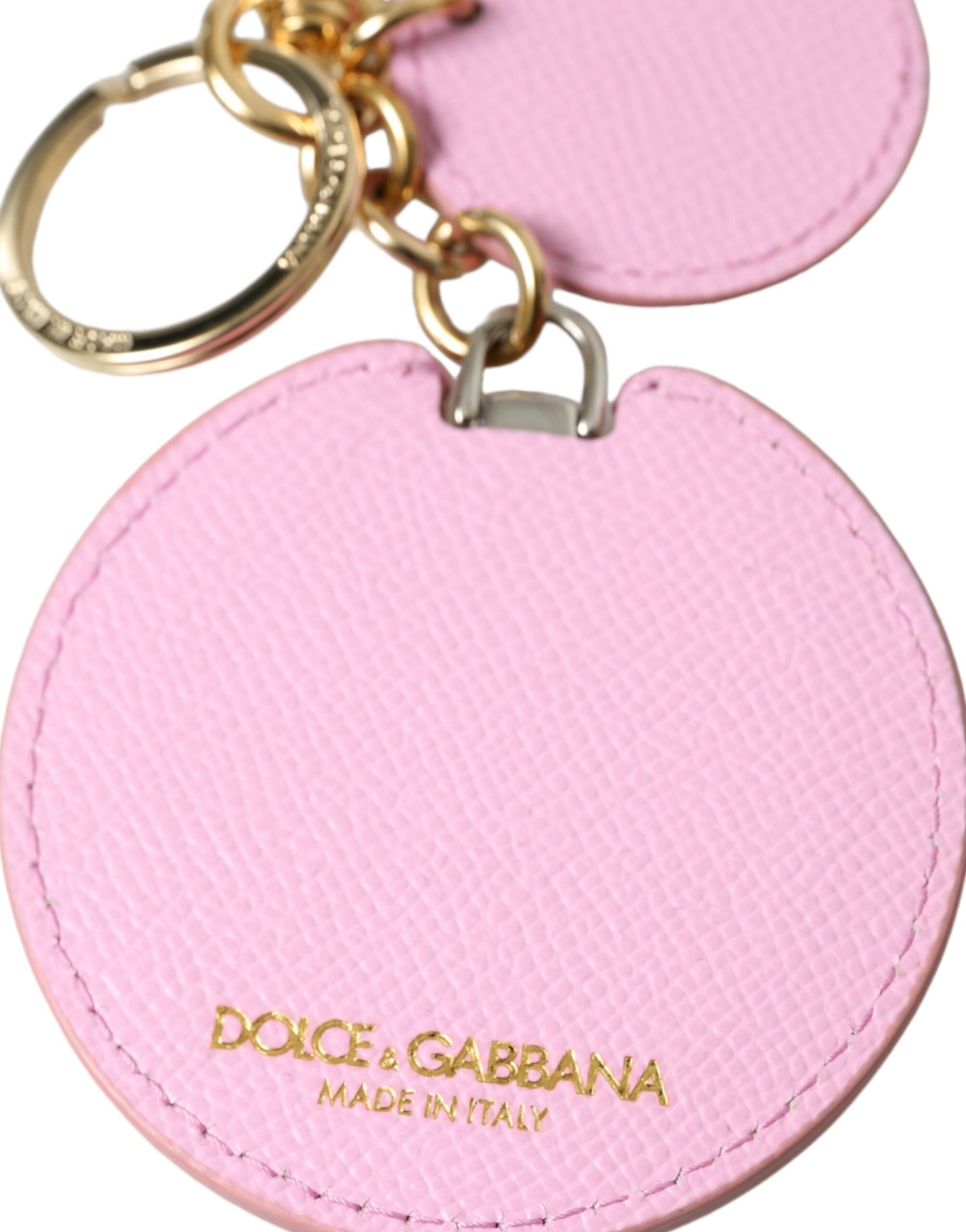 Dolce & Gabbana Pink Calf Leather Gold Metal Logo Print Keyring Keychain - Maison Luxe