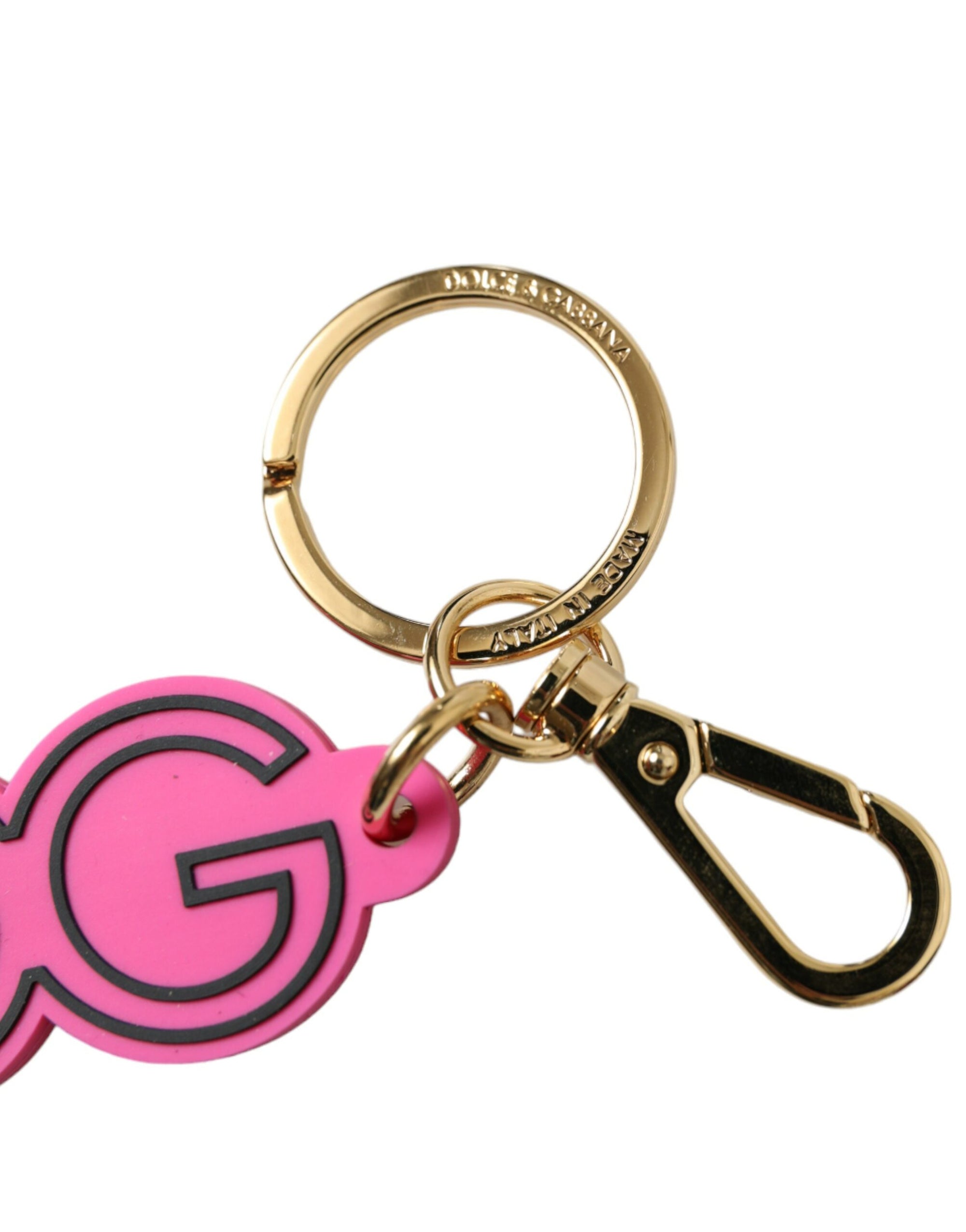 Dolce & Gabbana Pink Rubber Gold Tone Metal DG Logo Keyring Keychain - Maison Luxe