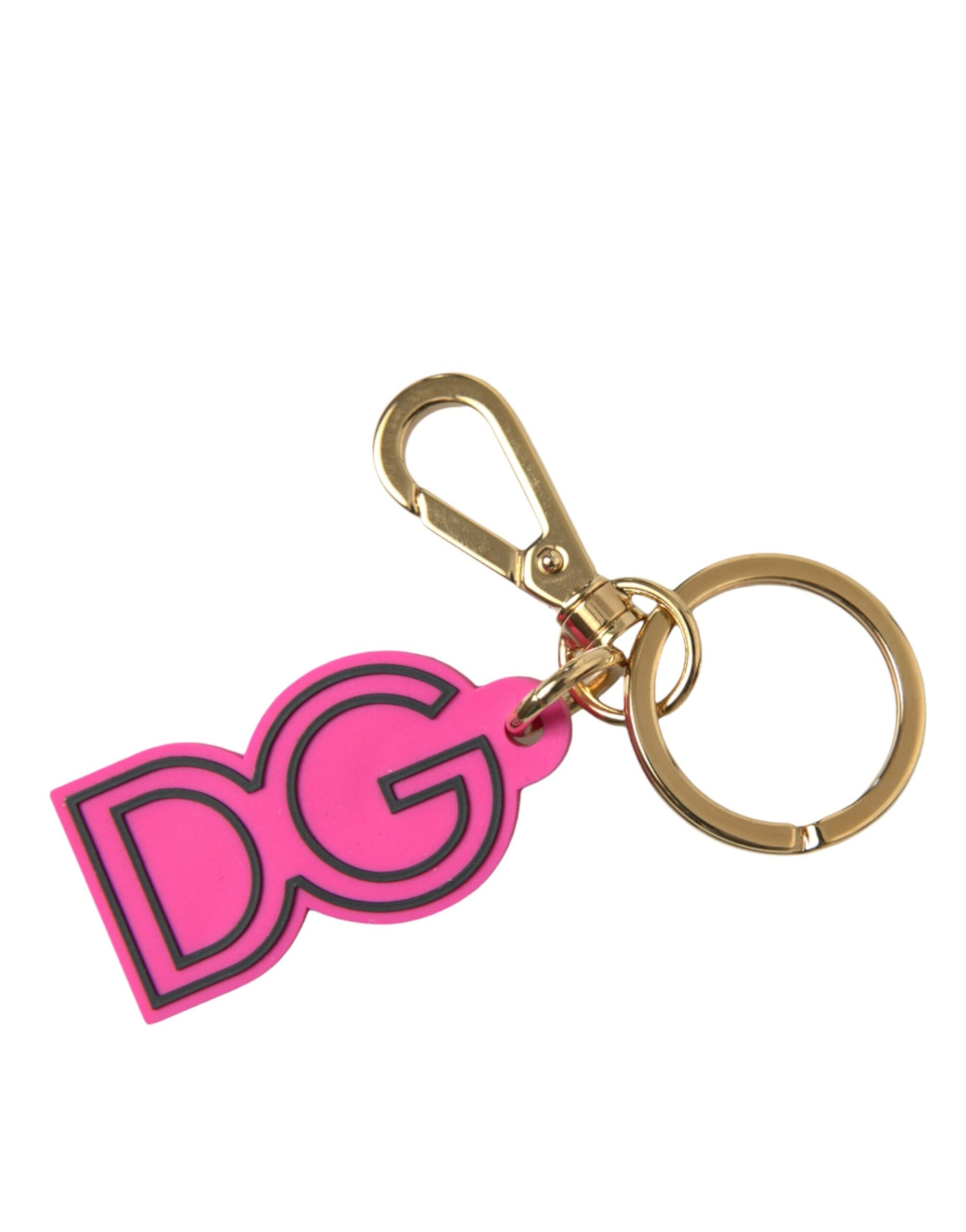 Dolce & Gabbana Pink Rubber Gold Tone Metal DG Logo Keyring Keychain - Maison Luxe