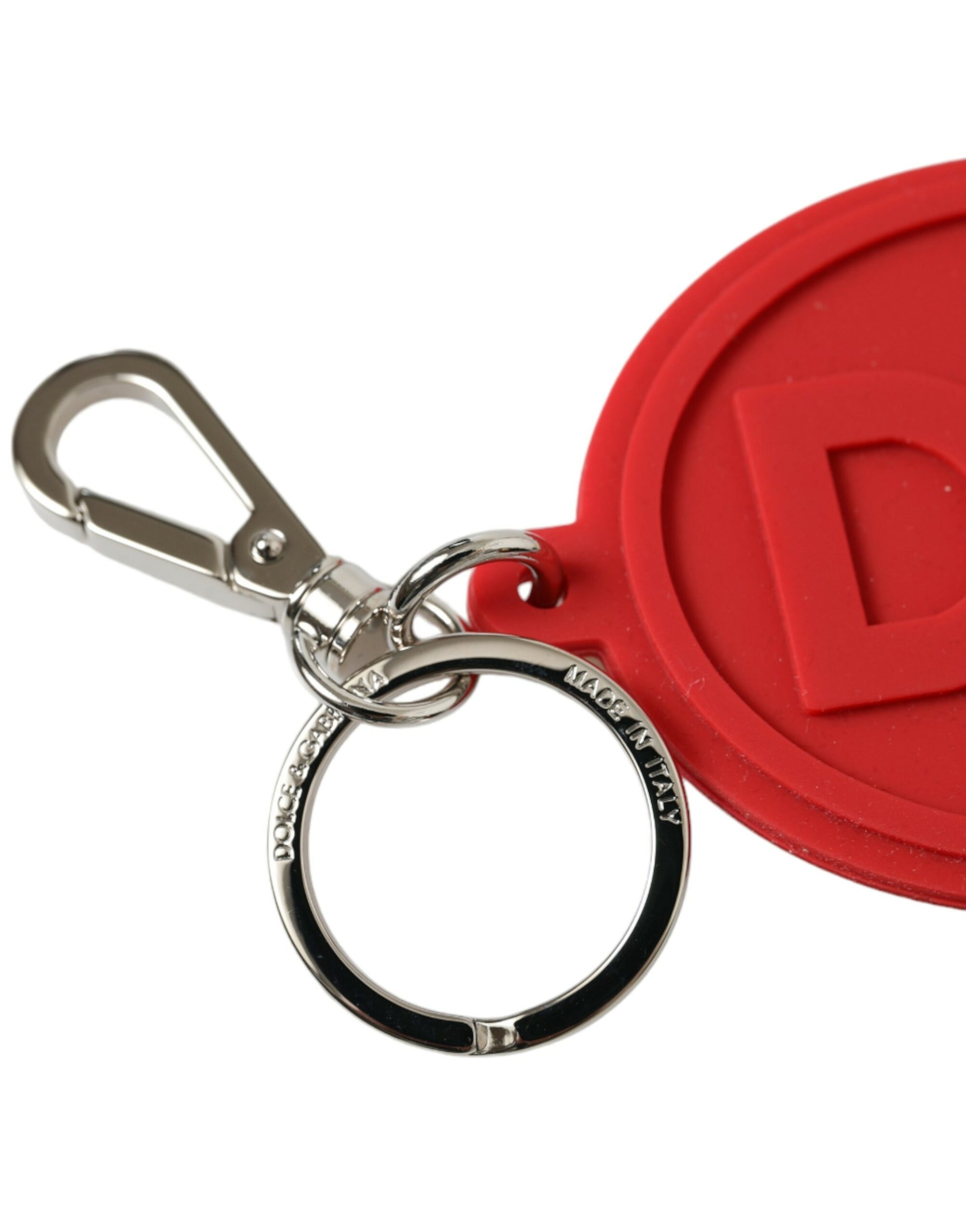 Dolce & Gabbana Red Rubber DG Logo Silver Brass Metal Keyring Keychain - Maison Luxe