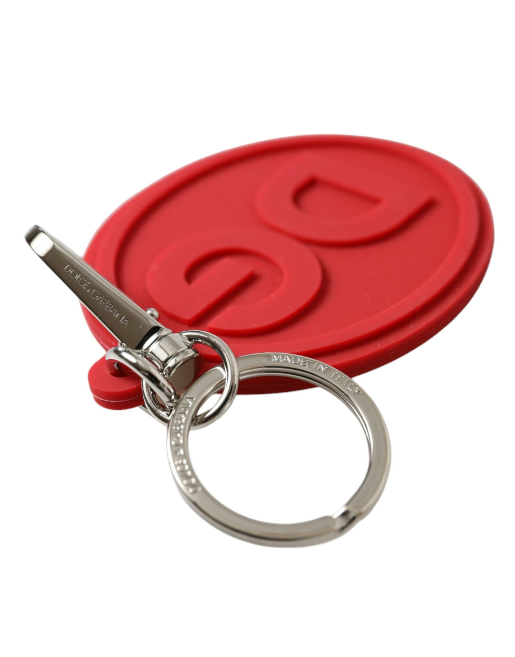 Dolce & Gabbana Red Rubber DG Logo Silver Brass Metal Keyring Keychain - Maison Luxe