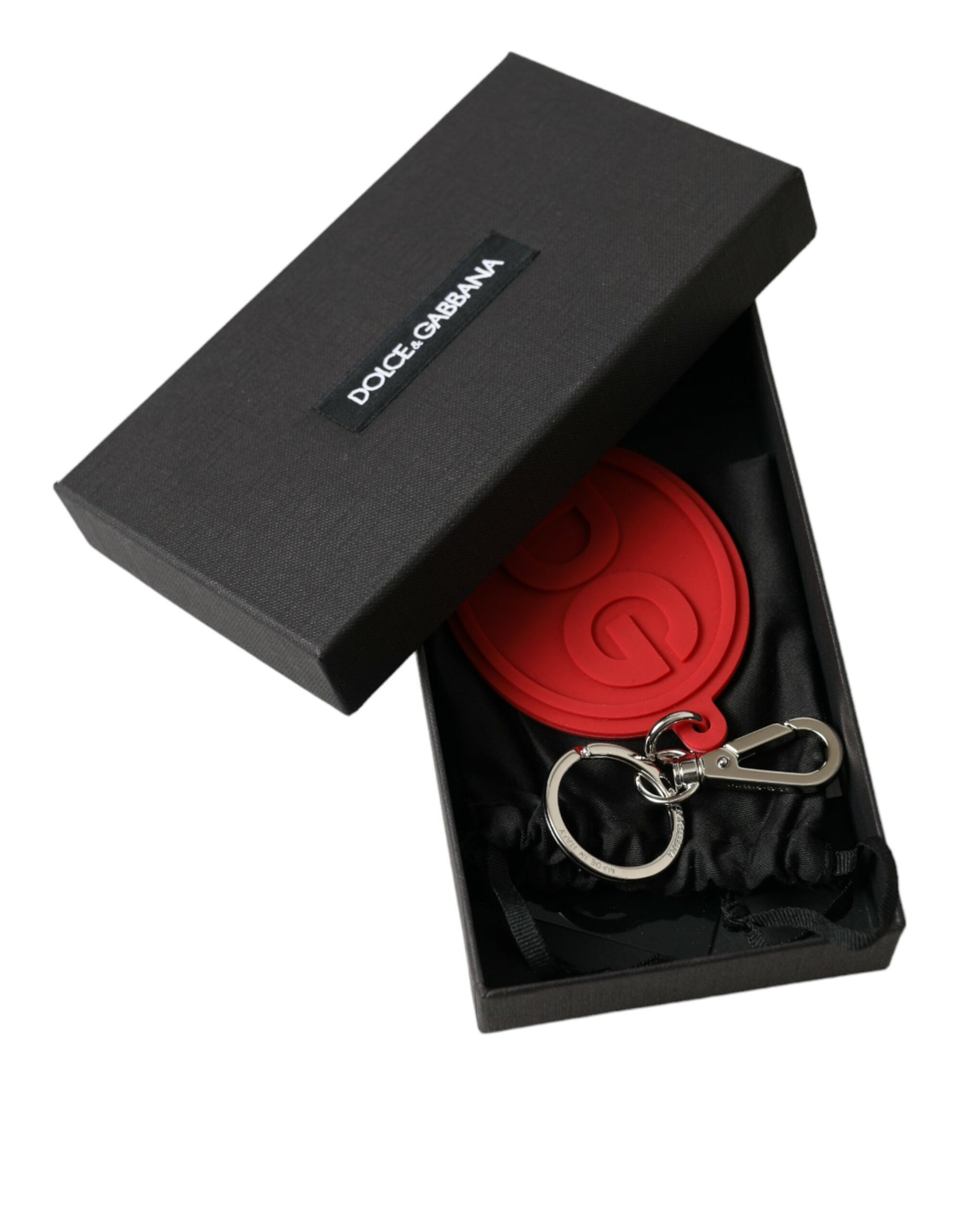 Dolce & Gabbana Red Rubber DG Logo Silver Brass Metal Keyring Keychain - Maison Luxe