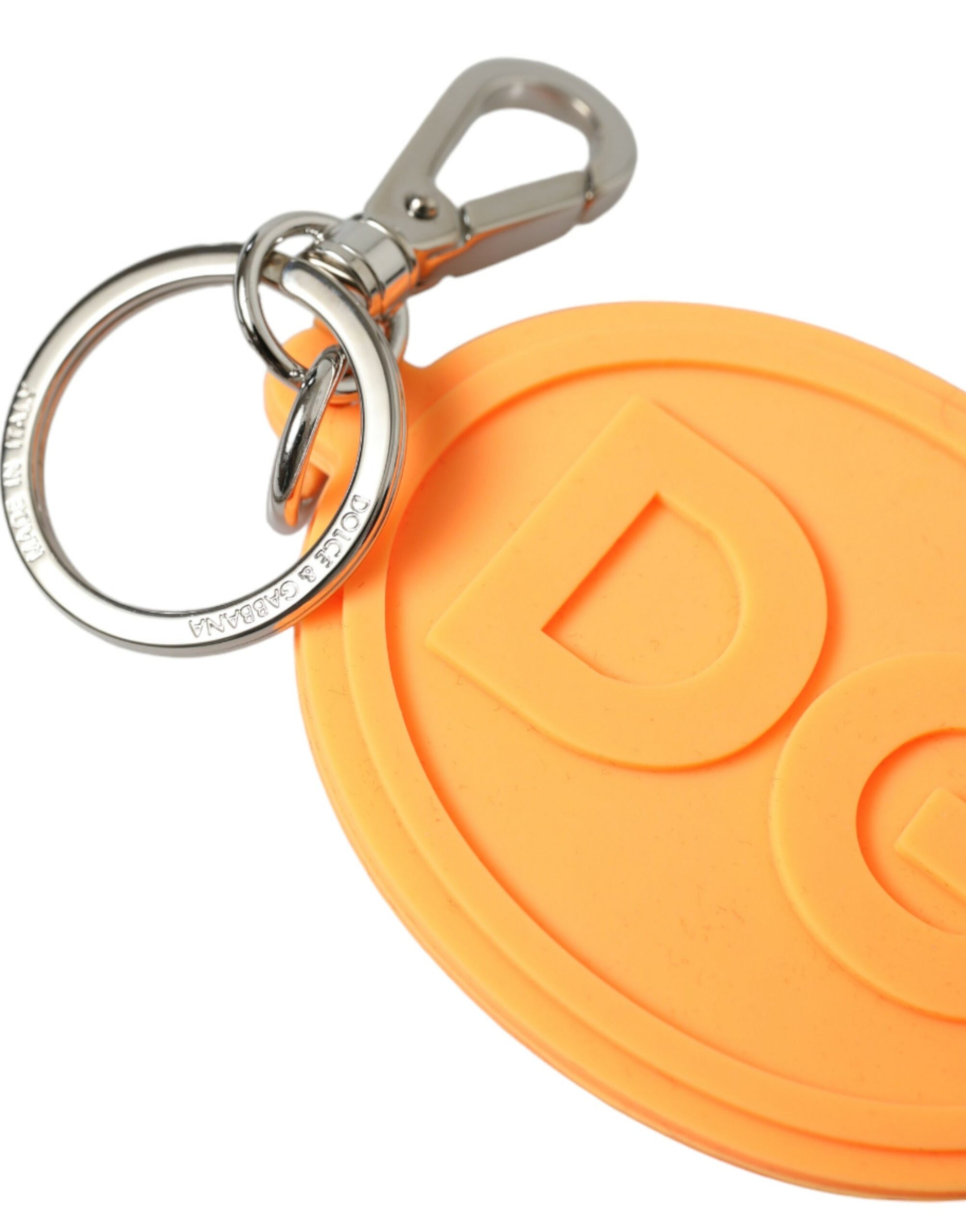 Dolce & Gabbana Orange Rubber DG Logo Silver Brass Metal Keyring Keychain - Maison Luxe