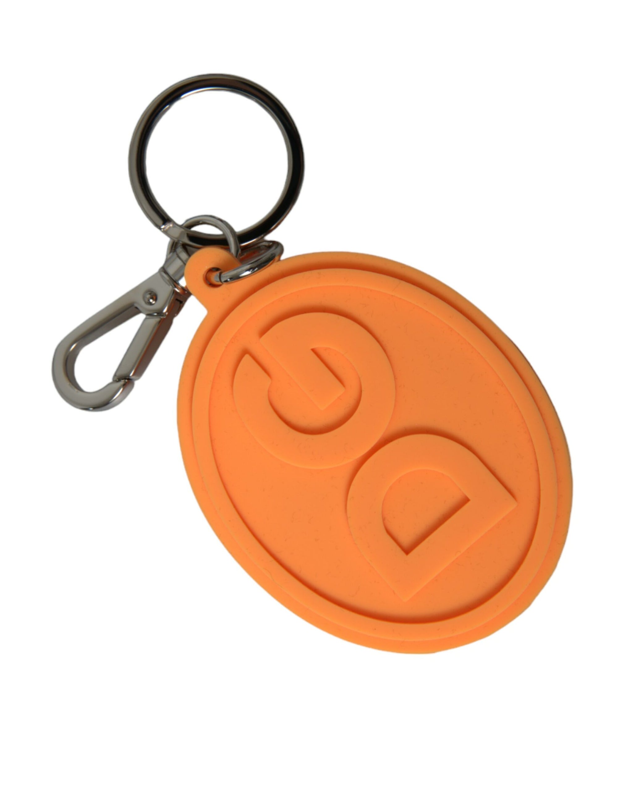 Dolce & Gabbana Orange Rubber DG Logo Silver Brass Metal Keyring Keychain - Maison Luxe