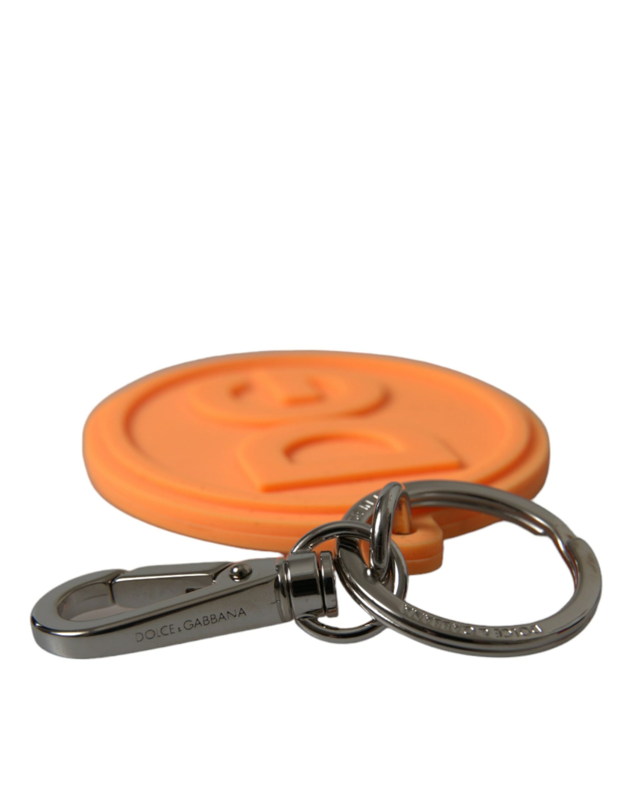 Dolce & Gabbana Orange Rubber DG Logo Silver Brass Metal Keyring Keychain - Maison Luxe