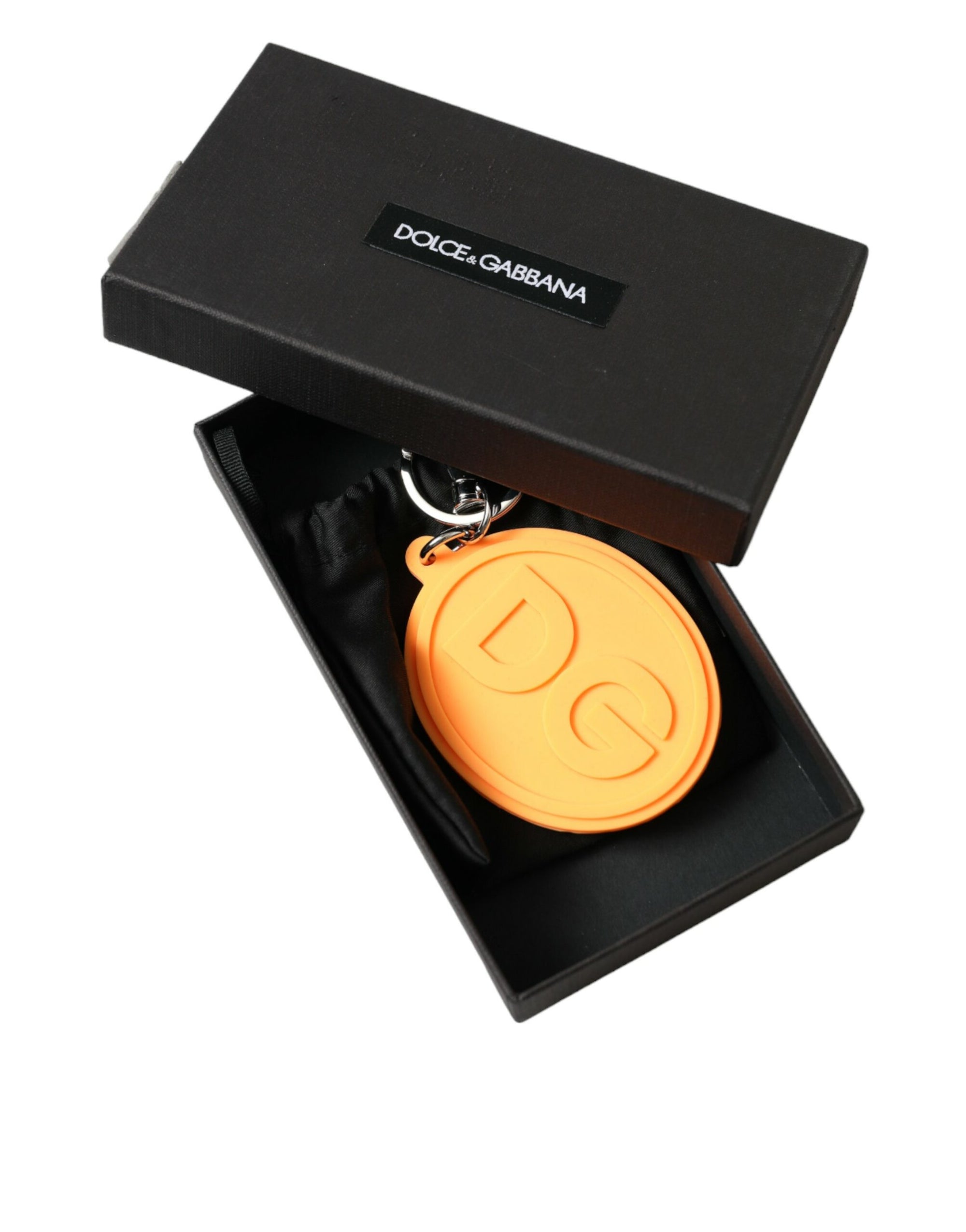 Dolce & Gabbana Orange Rubber DG Logo Silver Brass Metal Keyring Keychain - Maison Luxe