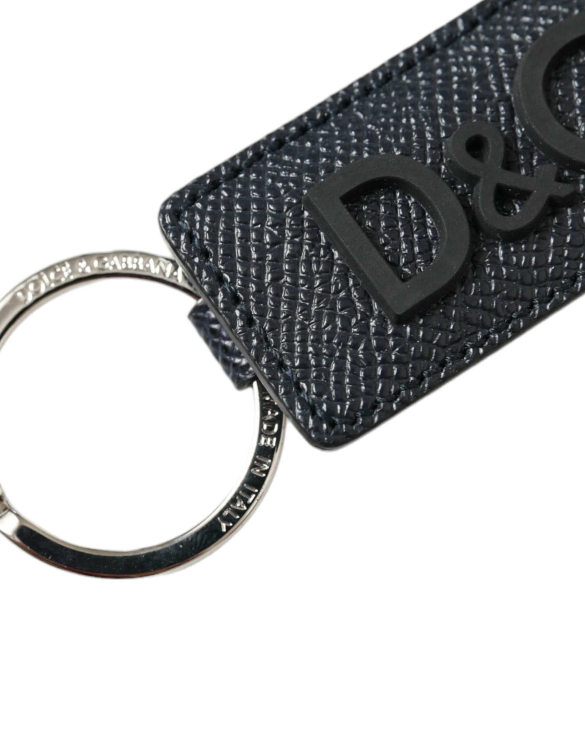 Dolce & Gabbana Black Calf Leather DG Logo Silver Brass Keyring Keychain - Maison Luxe