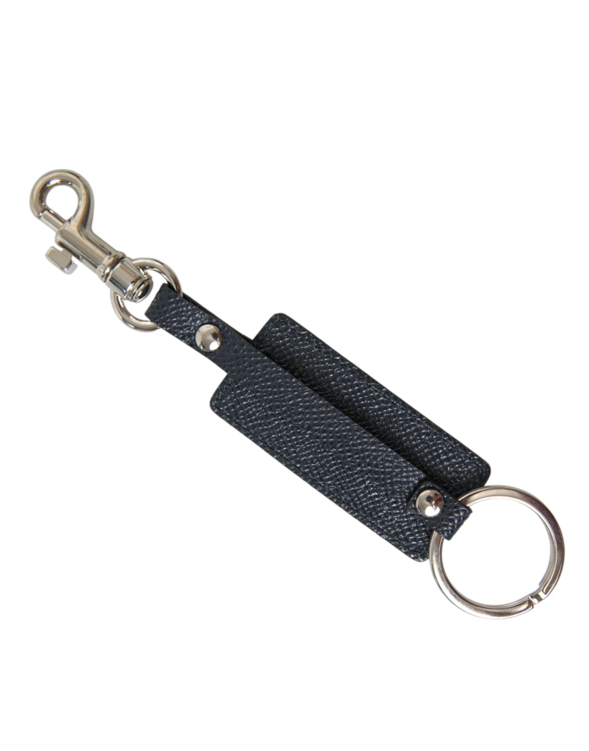 Dolce & Gabbana Black Calf Leather DG Logo Silver Brass Keyring Keychain - Maison Luxe