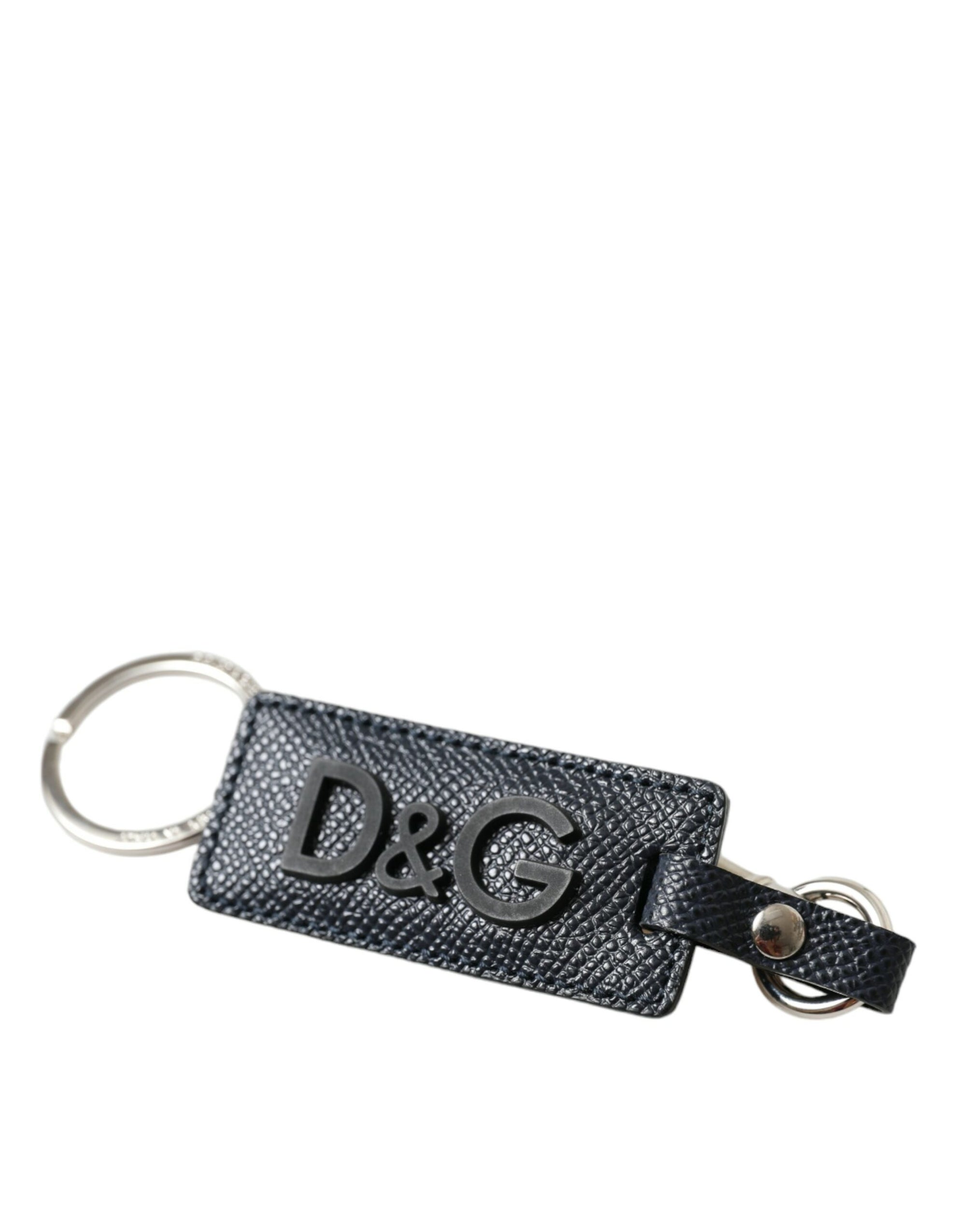 Dolce & Gabbana Black Calf Leather DG Logo Silver Brass Keyring Keychain - Maison Luxe