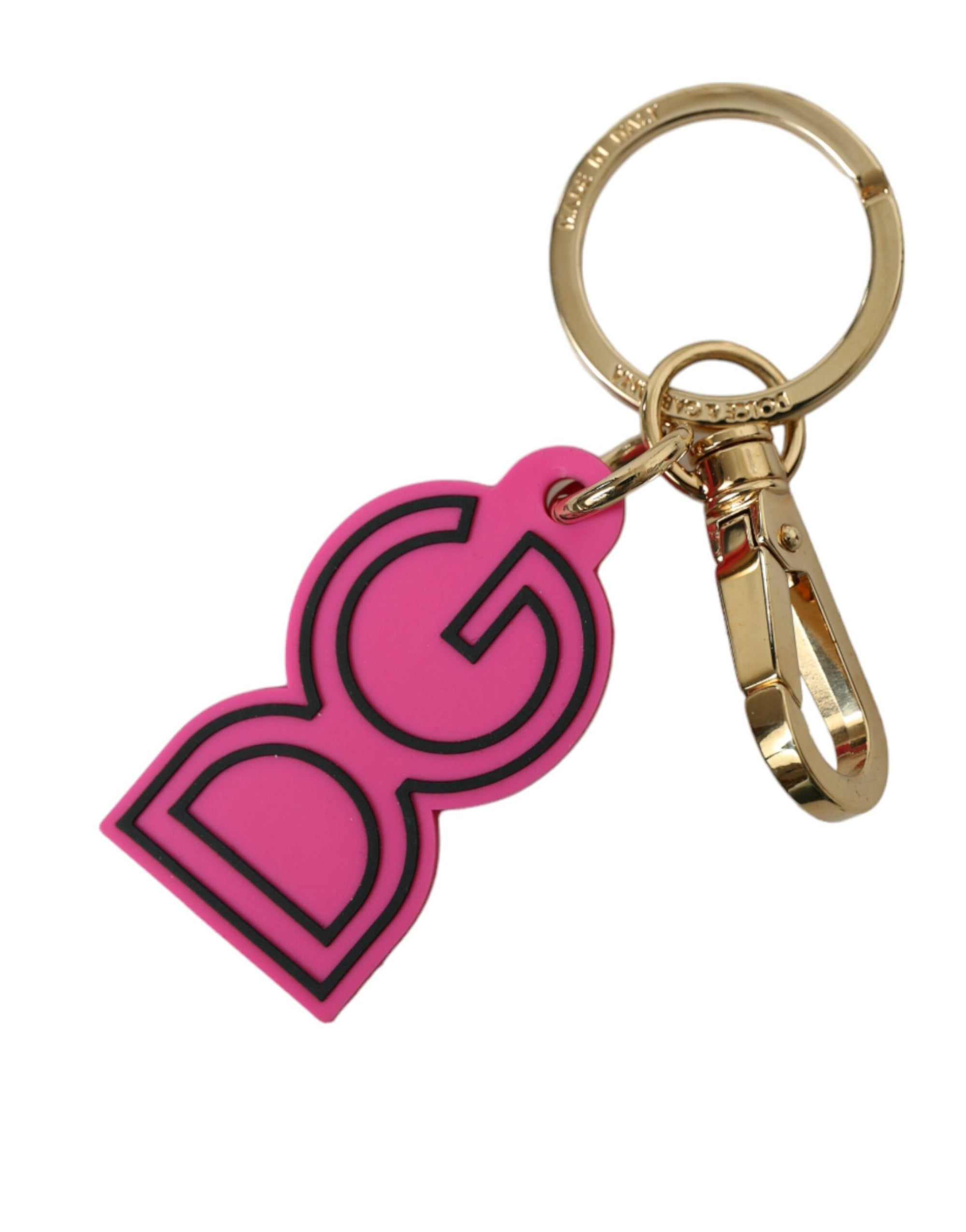 Dolce & Gabbana Pink Rubber Gold Tone Metal DG Logo Keyring Keychain - Maison Luxe