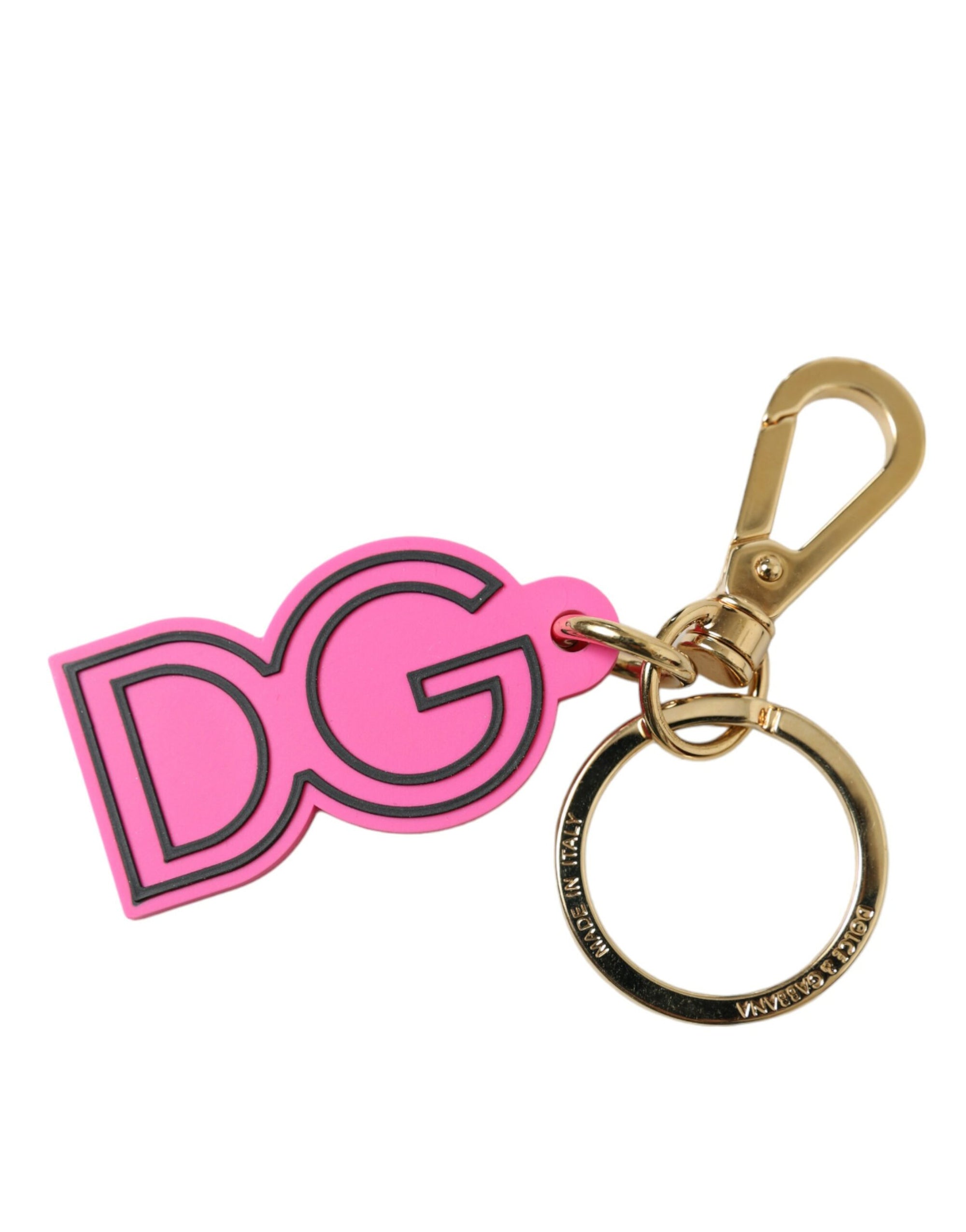 Dolce & Gabbana Pink Rubber Gold Tone Metal DG Logo Keyring Keychain - Maison Luxe