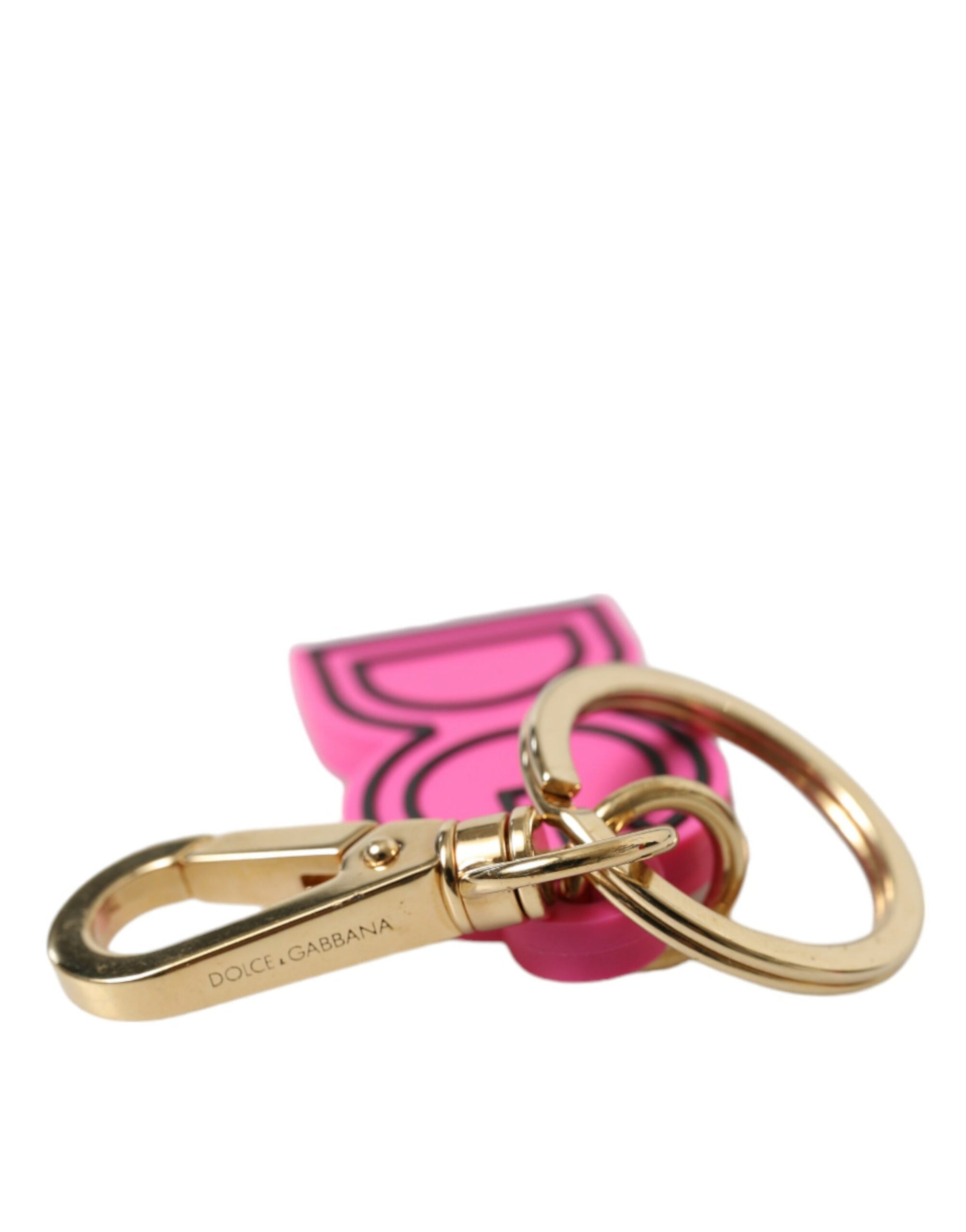 Dolce & Gabbana Pink Rubber Gold Tone Metal DG Logo Keyring Keychain - Maison Luxe