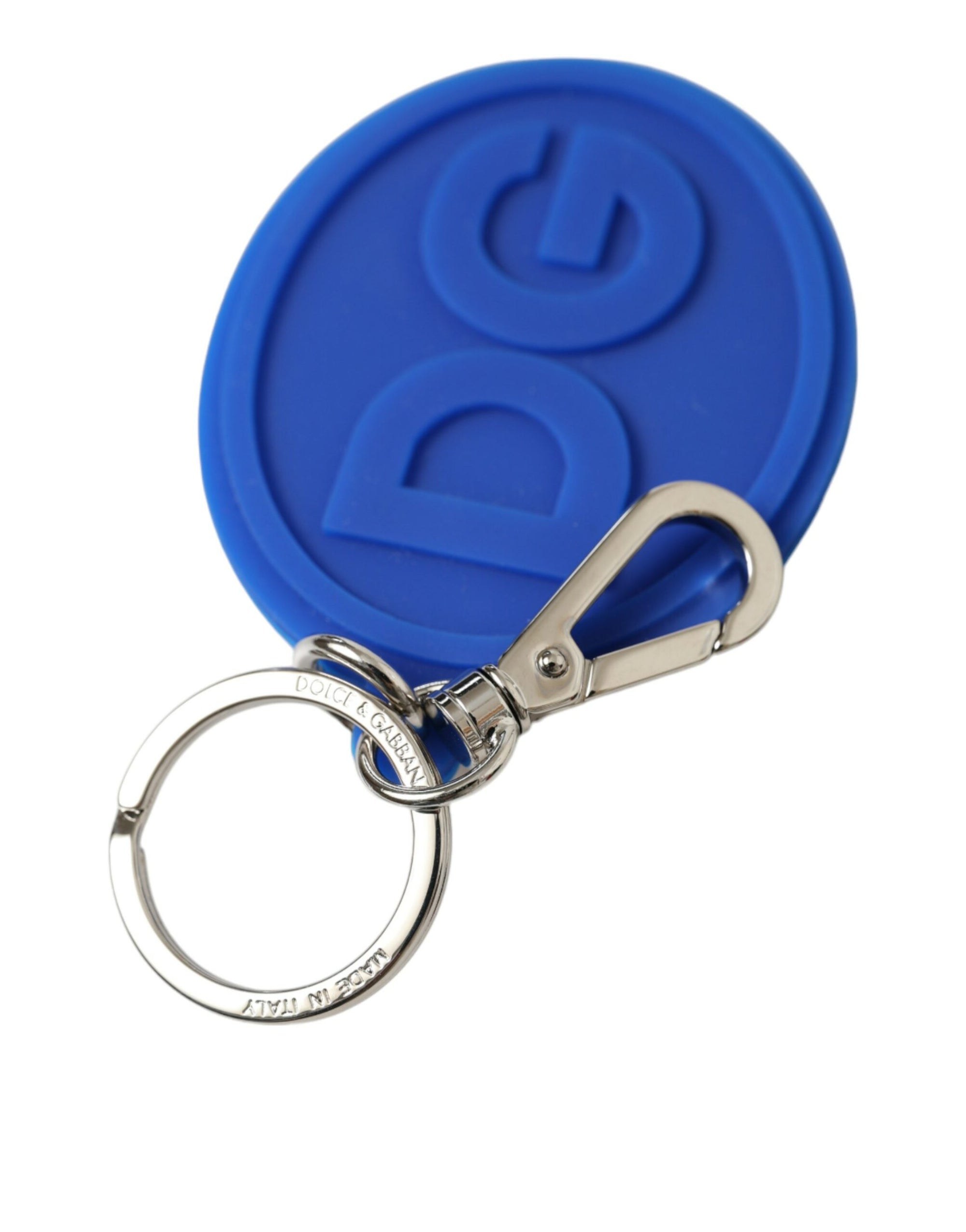 Dolce & Gabbana Blue Rubber DG Logo Silver Brass Metal Keyring Keychain - Maison Luxe
