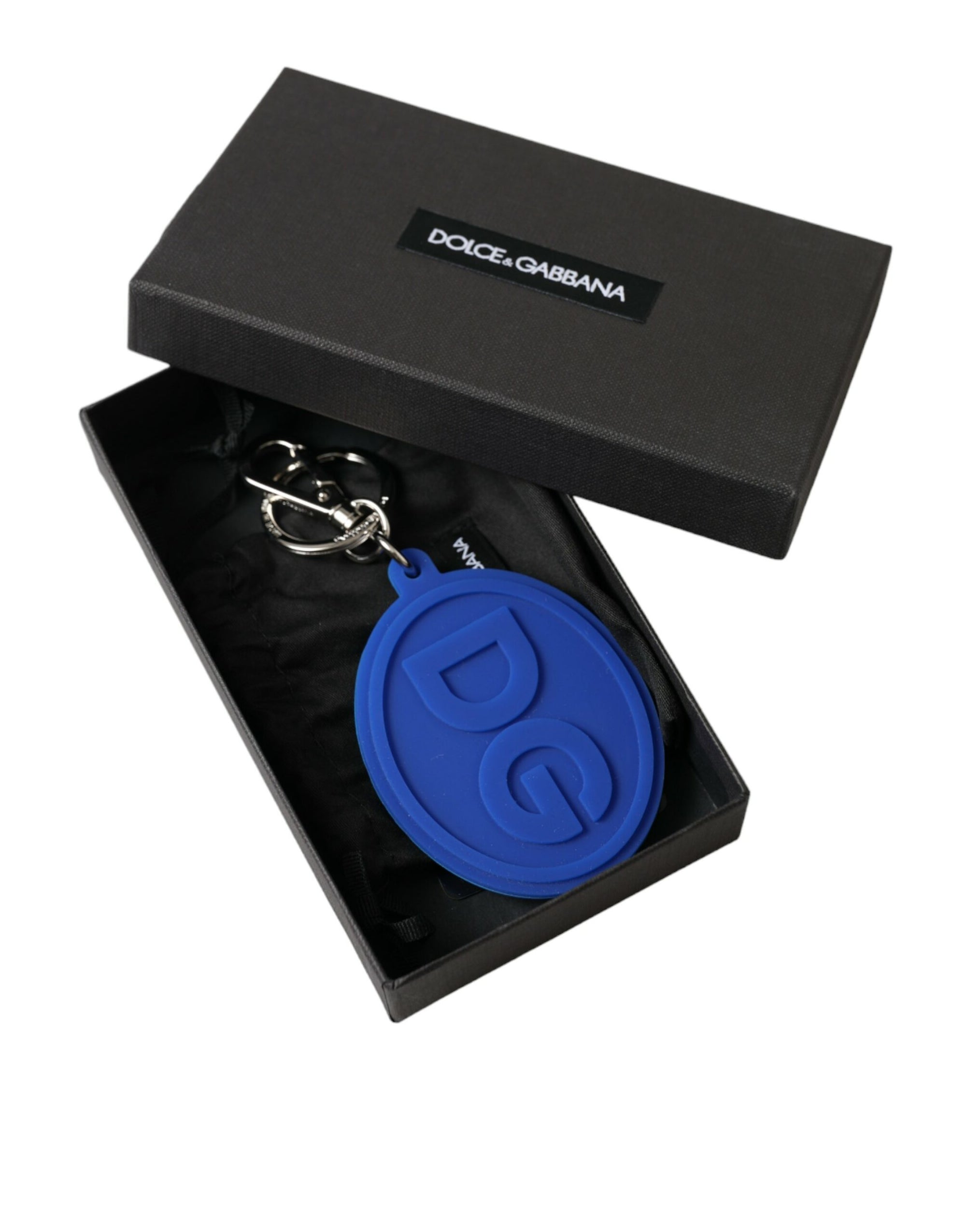 Dolce & Gabbana Blue Rubber DG Logo Silver Brass Metal Keyring Keychain - Maison Luxe