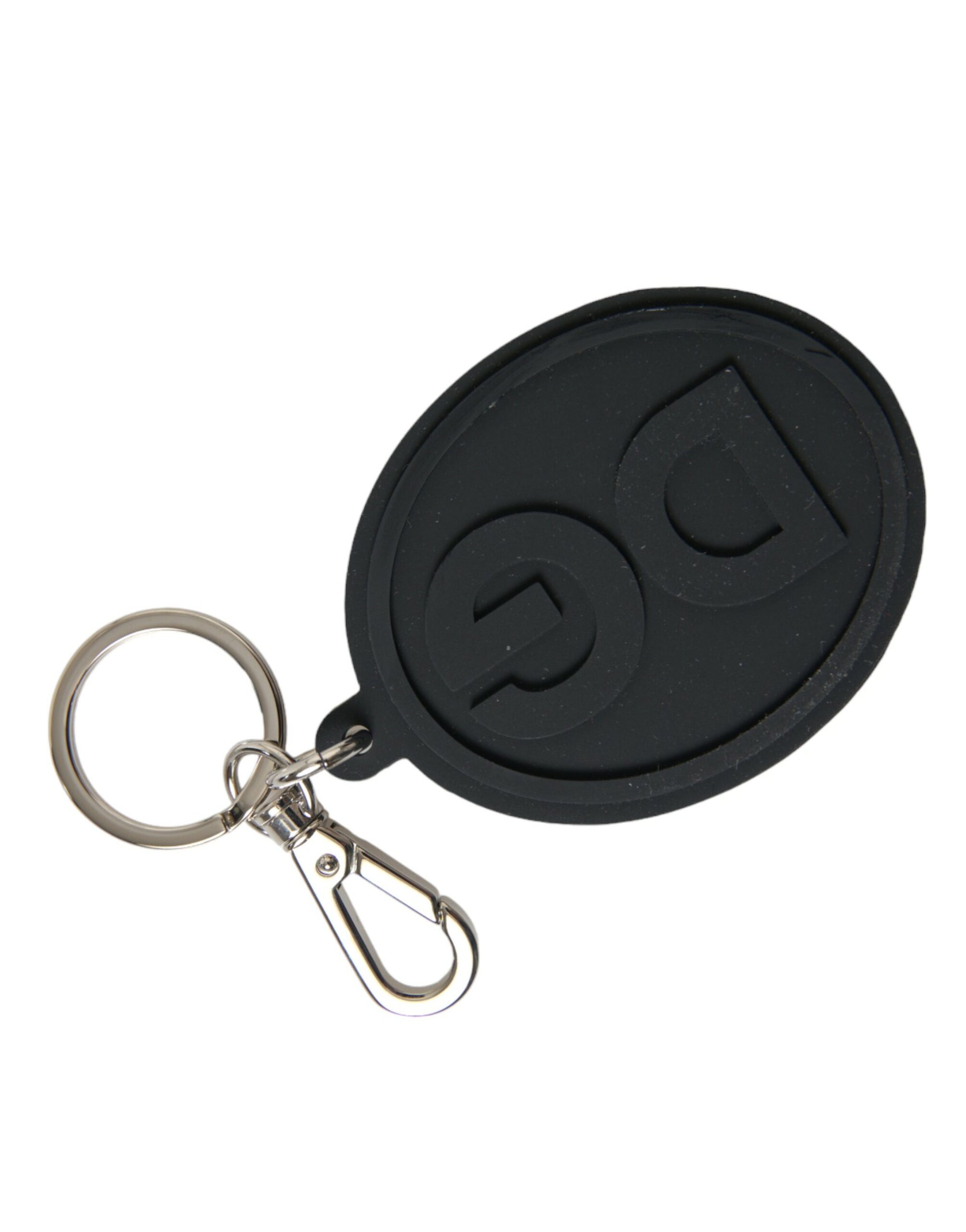 Dolce & Gabbana Black Rubber DG Logo Silver Brass Metal Keyring Keychain - Maison Luxe