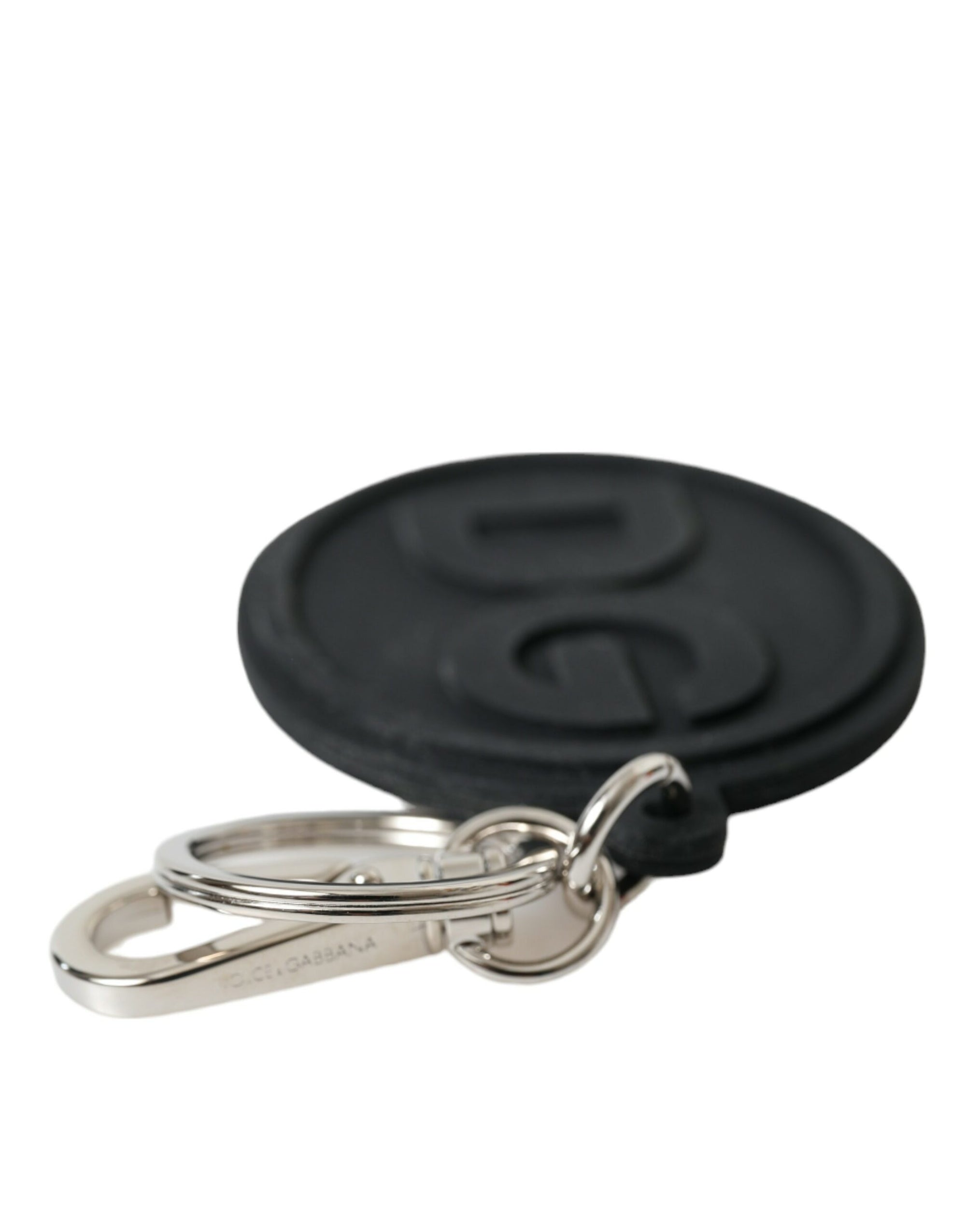 Dolce & Gabbana Black Rubber DG Logo Silver Brass Metal Keyring Keychain - Maison Luxe