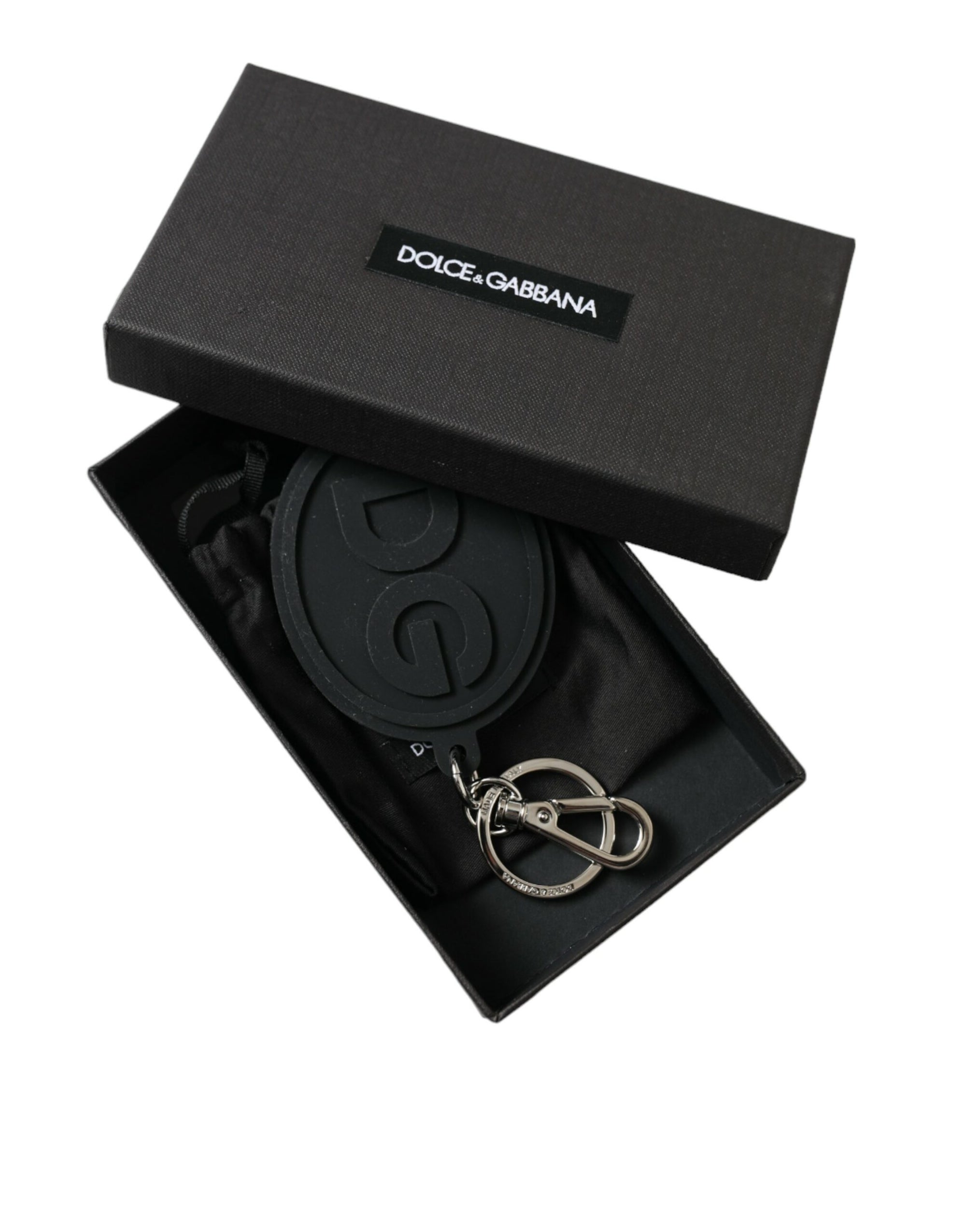 Dolce & Gabbana Black Rubber DG Logo Silver Brass Metal Keyring Keychain - Maison Luxe