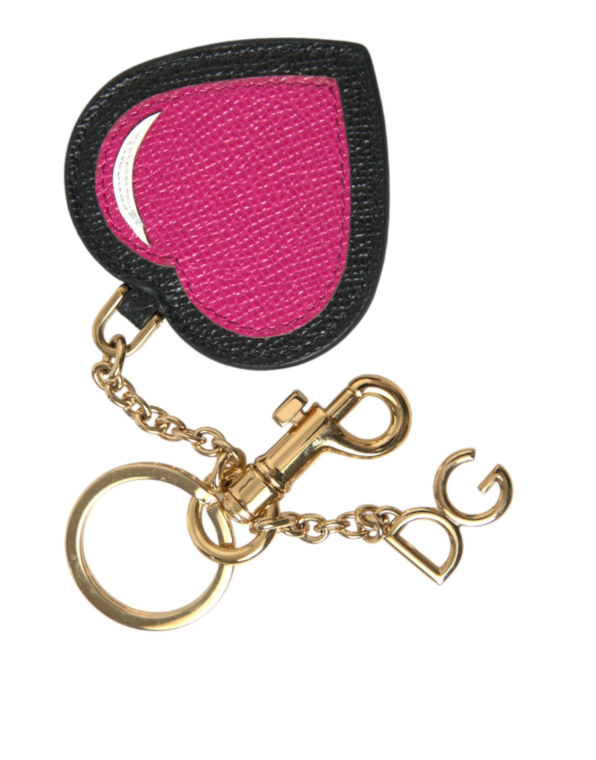 Dolce & Gabbana Pink Black Heart Leather Gold Tone Brass Keyring Keychain - Maison Luxe