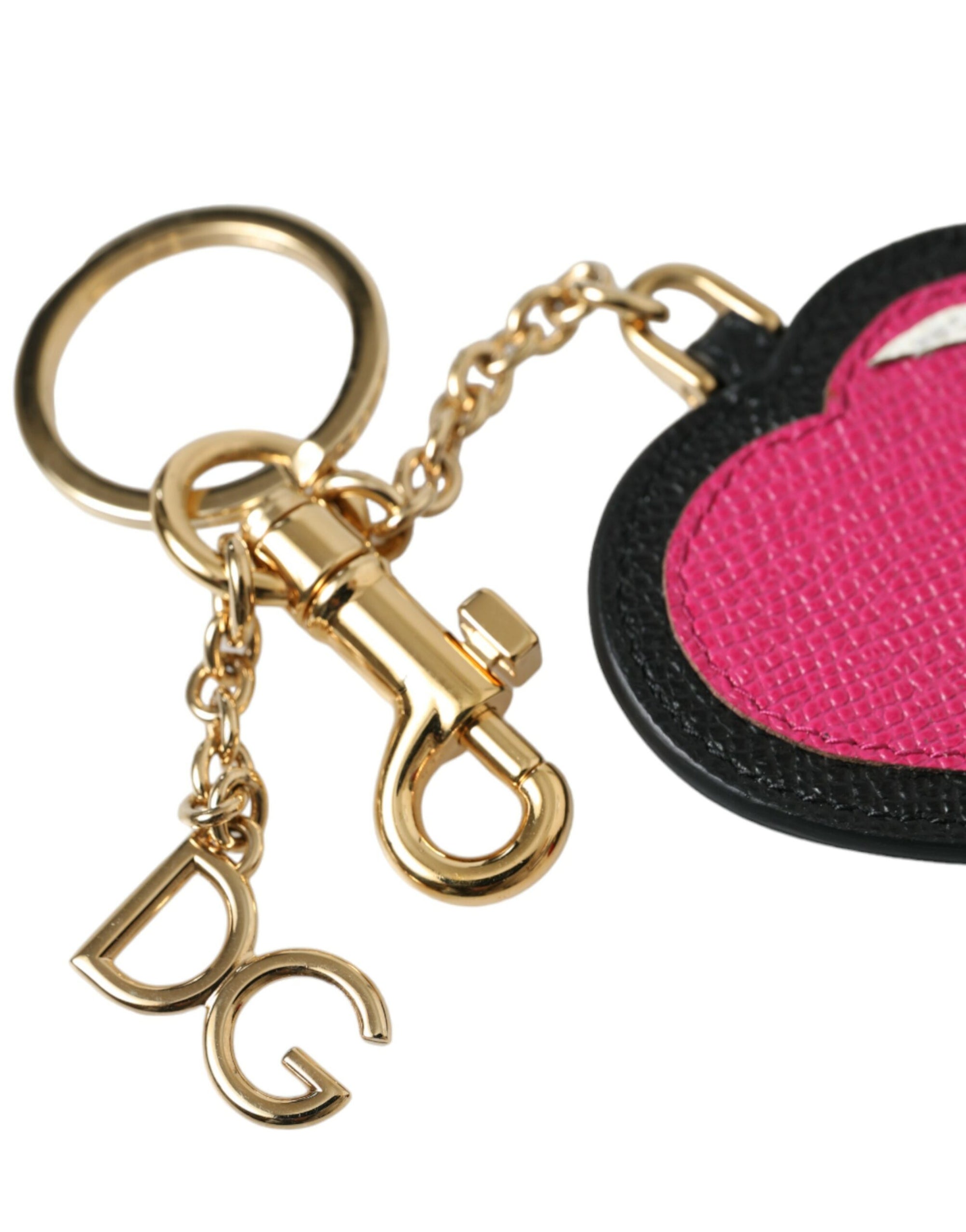 Dolce & Gabbana Pink Black Heart Leather Gold Tone Brass Keyring Keychain - Maison Luxe