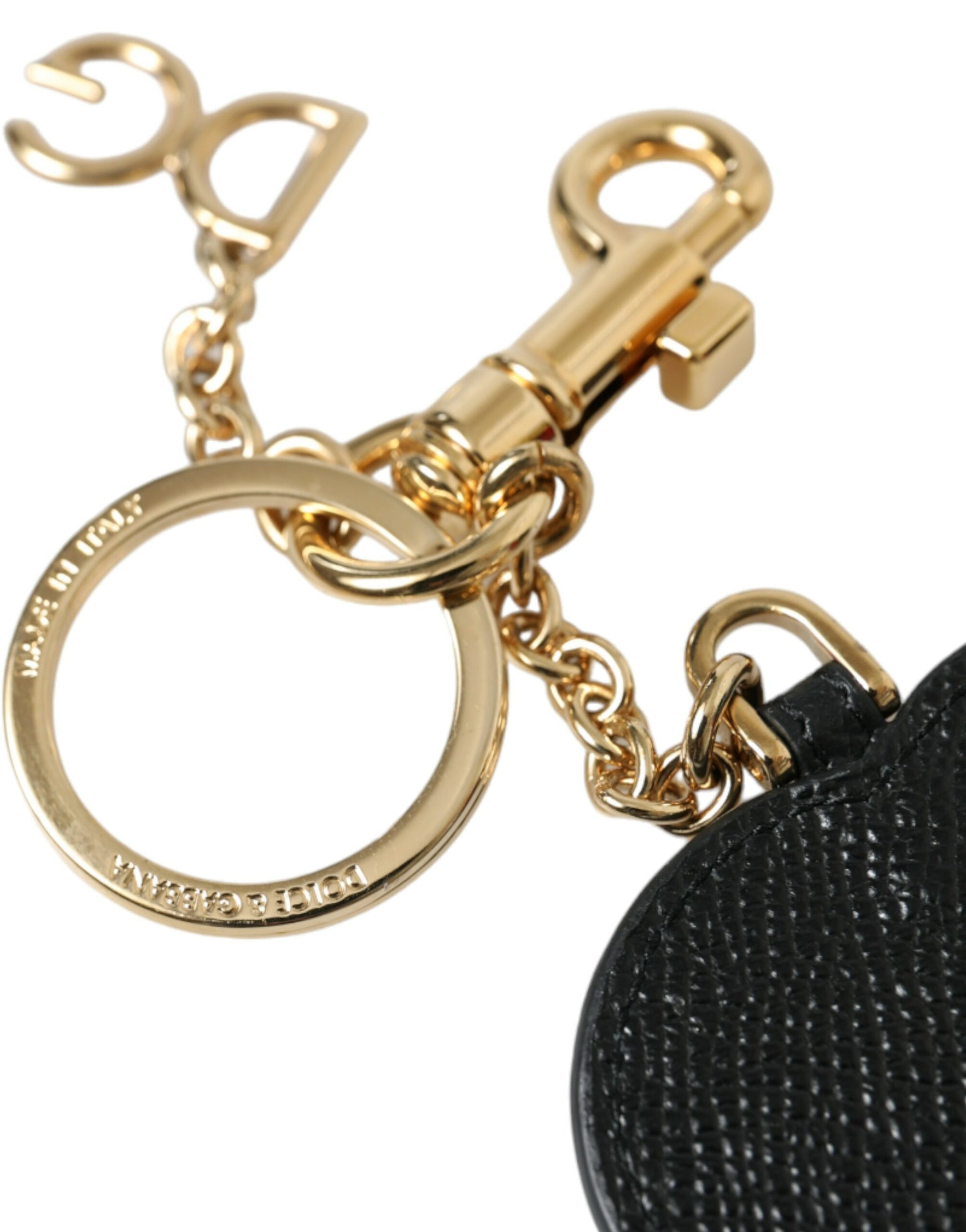 Dolce & Gabbana Pink Black Heart Leather Gold Tone Brass Keyring Keychain - Maison Luxe