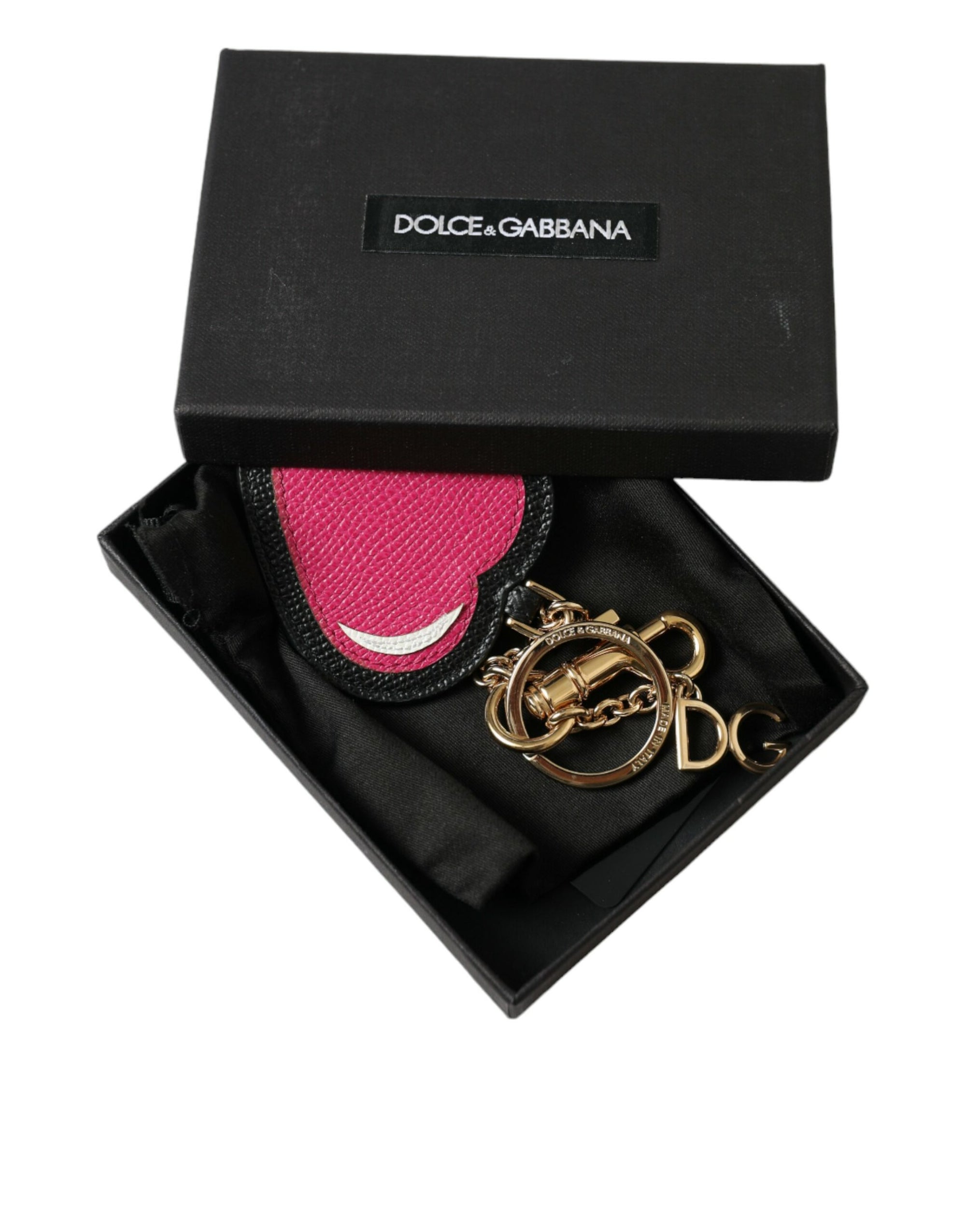 Dolce & Gabbana Pink Black Heart Leather Gold Tone Brass Keyring Keychain - Maison Luxe