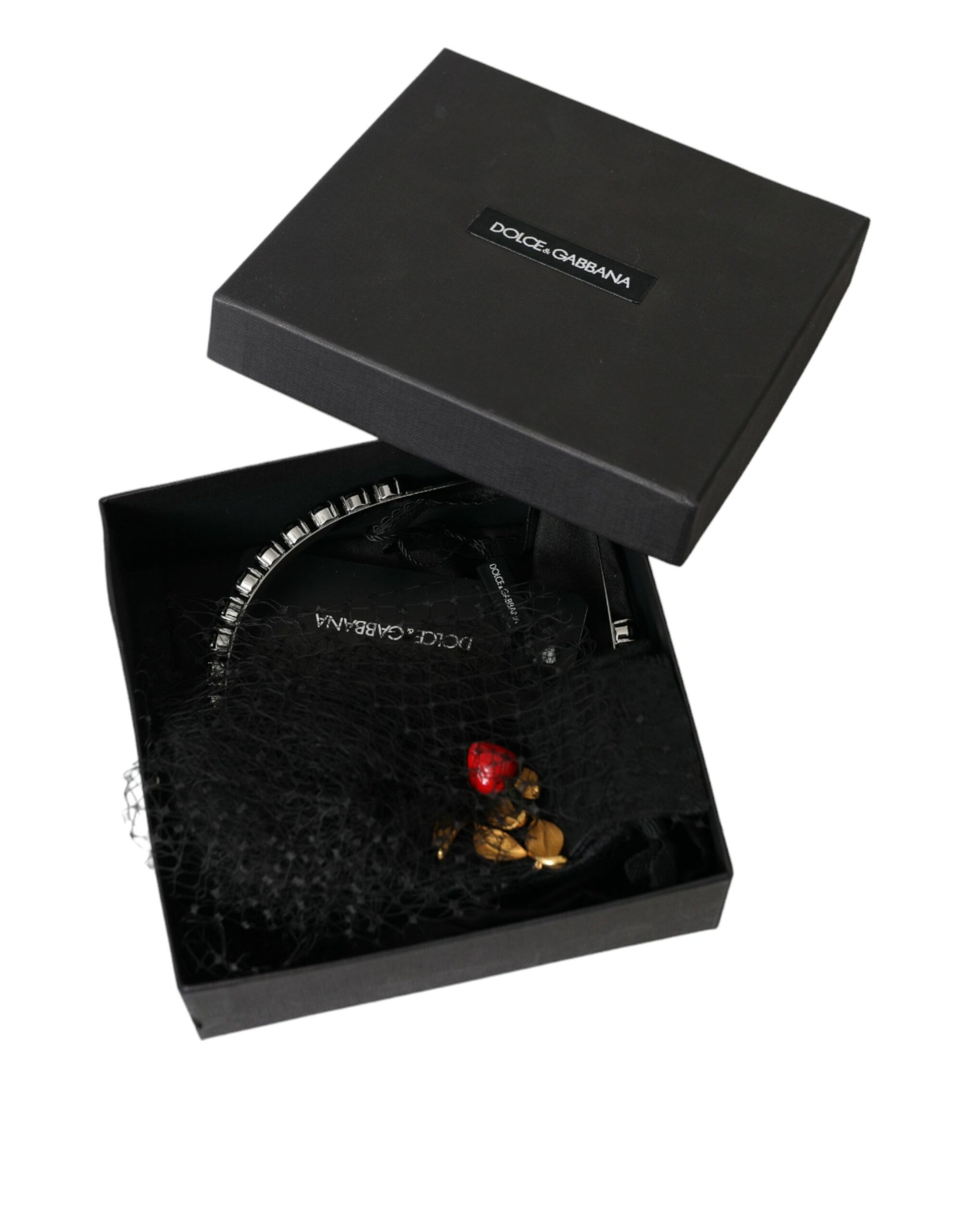 Dolce & Gabbana Black Strawberry Sicily Crystal Mesh Net Headband Diadem - Maison Luxe