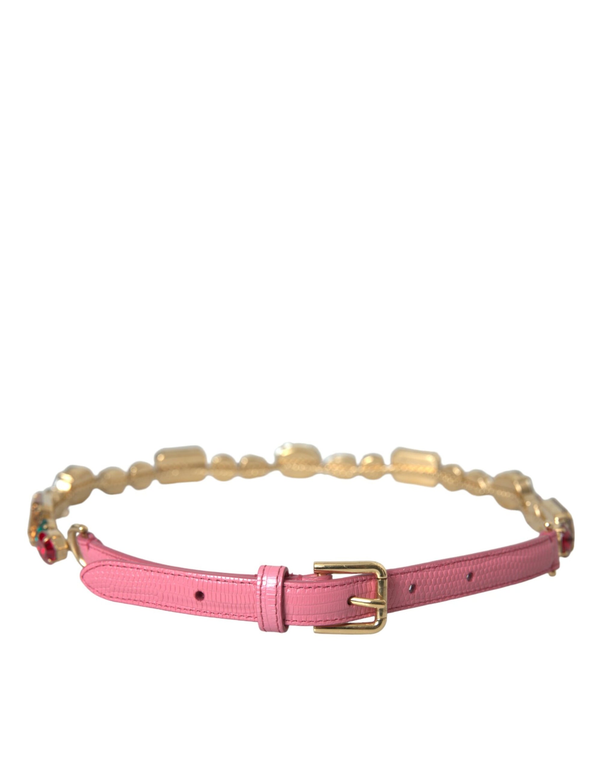 Dolce & Gabbana Pink Leather Crystal Chain Embellished Belt - Maison Luxe