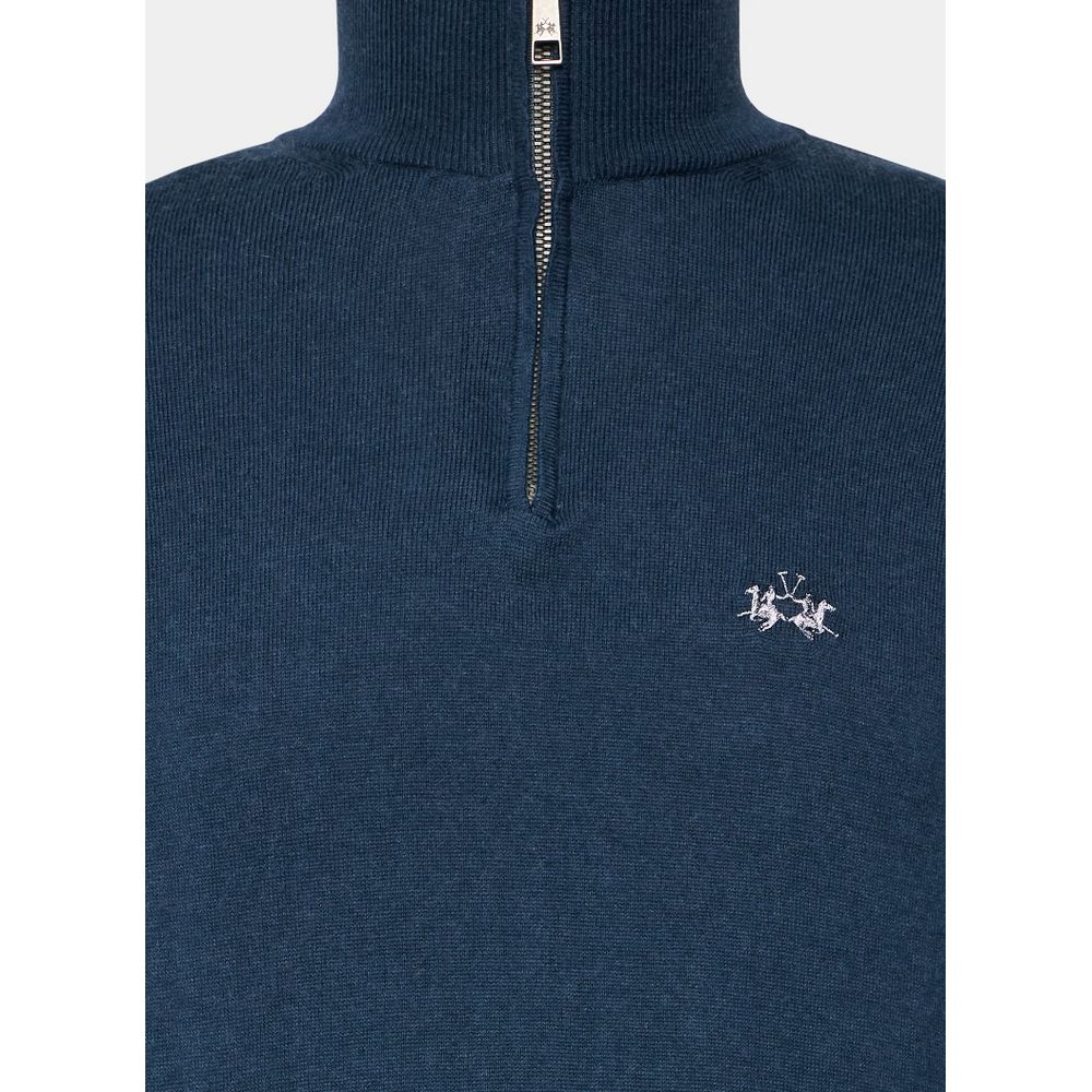 La Martina Blue Wool Men Sweater with Half Zip Closure