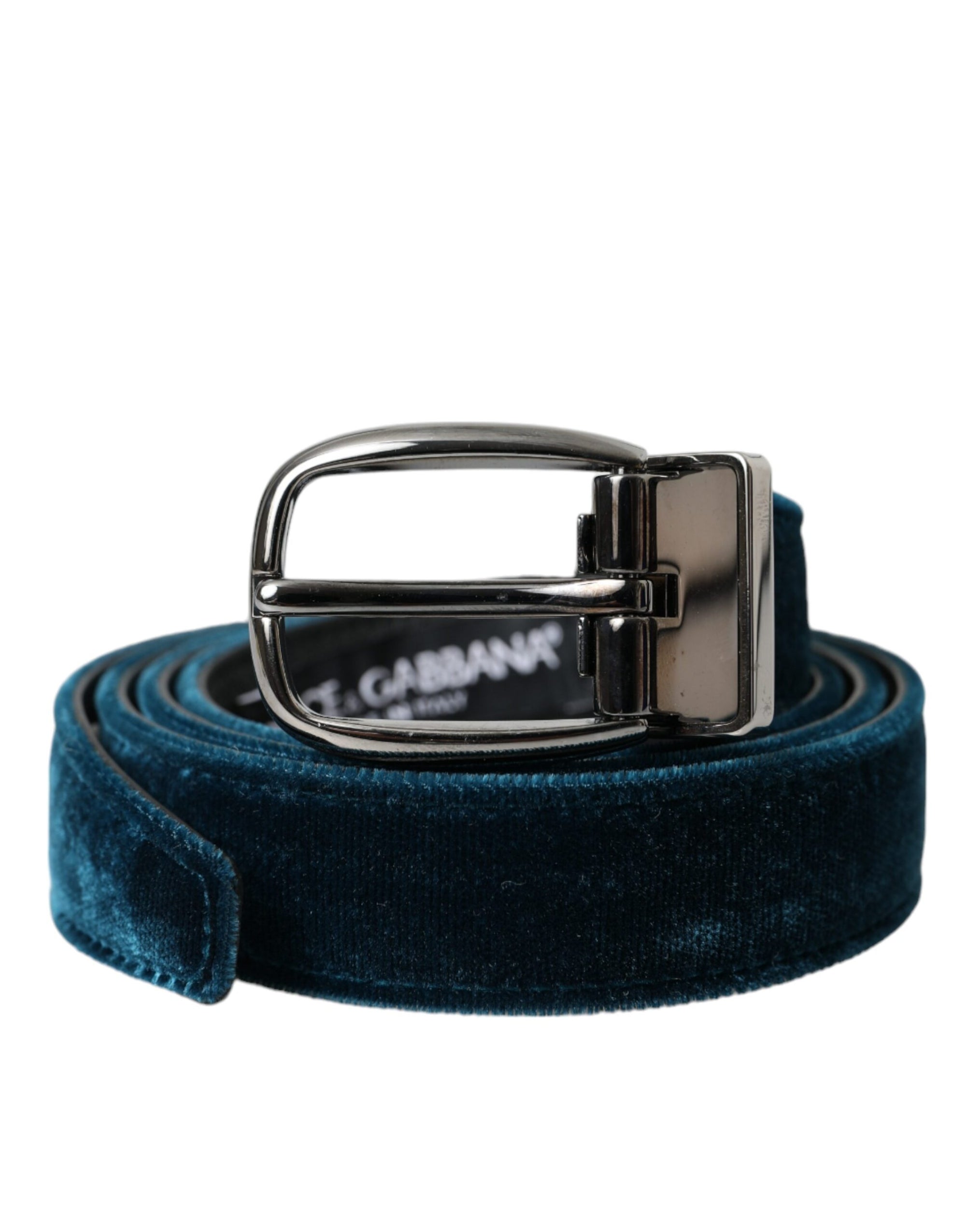 Dolce & Gabbana Blue Velvet Leather Silver Metal Buckle Belt - Maison Luxe