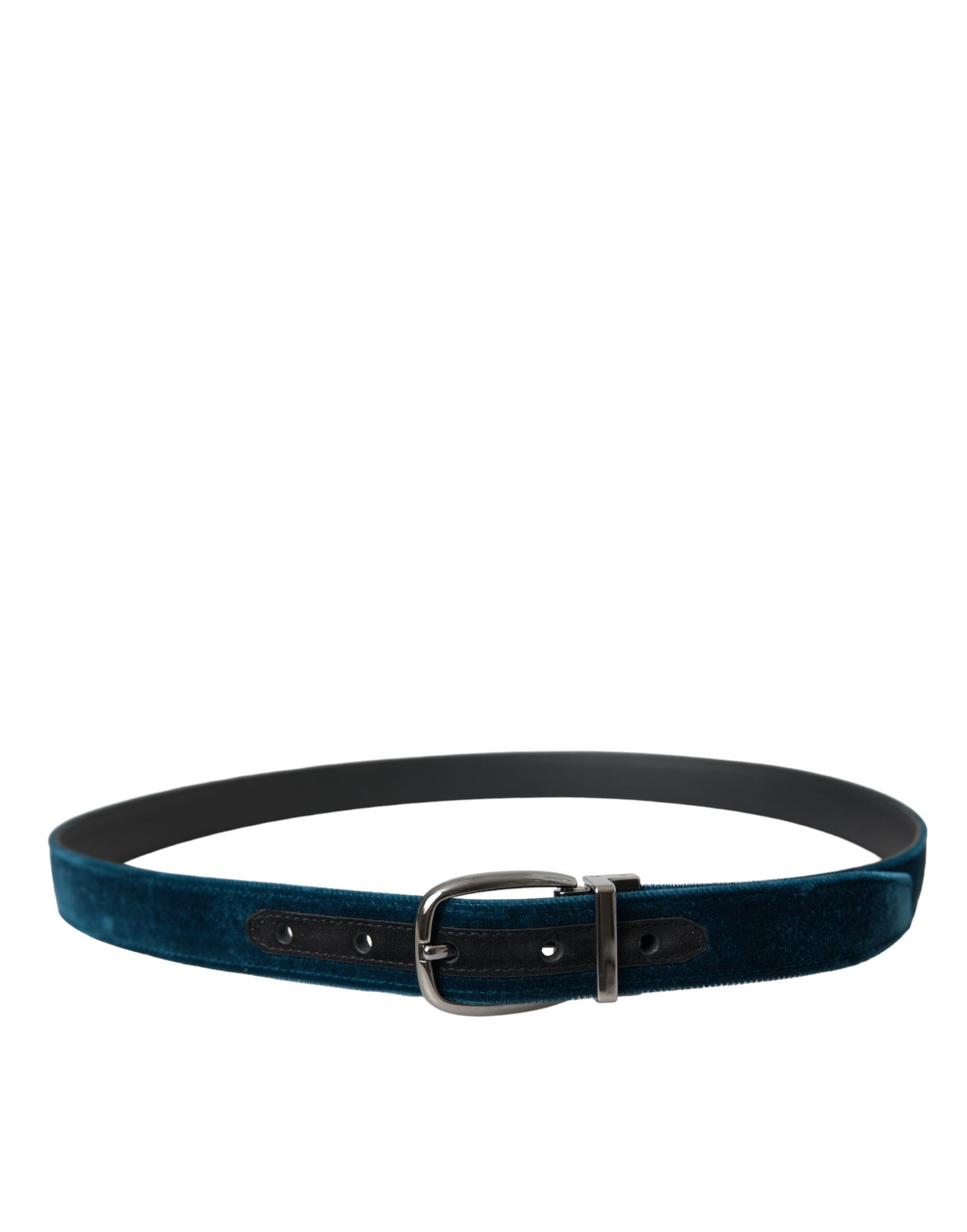 Dolce & Gabbana Blue Velvet Leather Silver Metal Buckle Belt - Maison Luxe