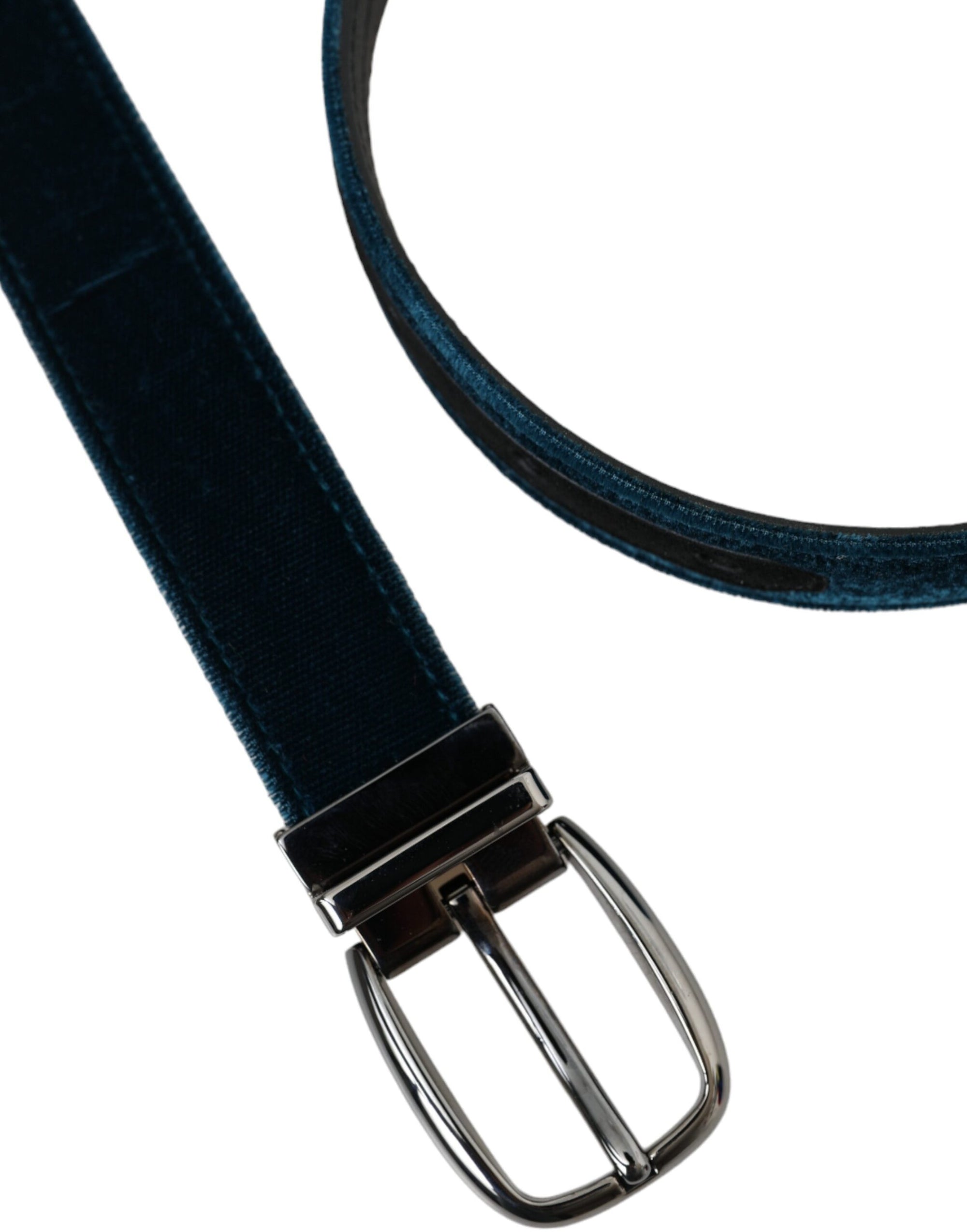 Dolce & Gabbana Blue Velvet Leather Silver Metal Buckle Belt - Maison Luxe