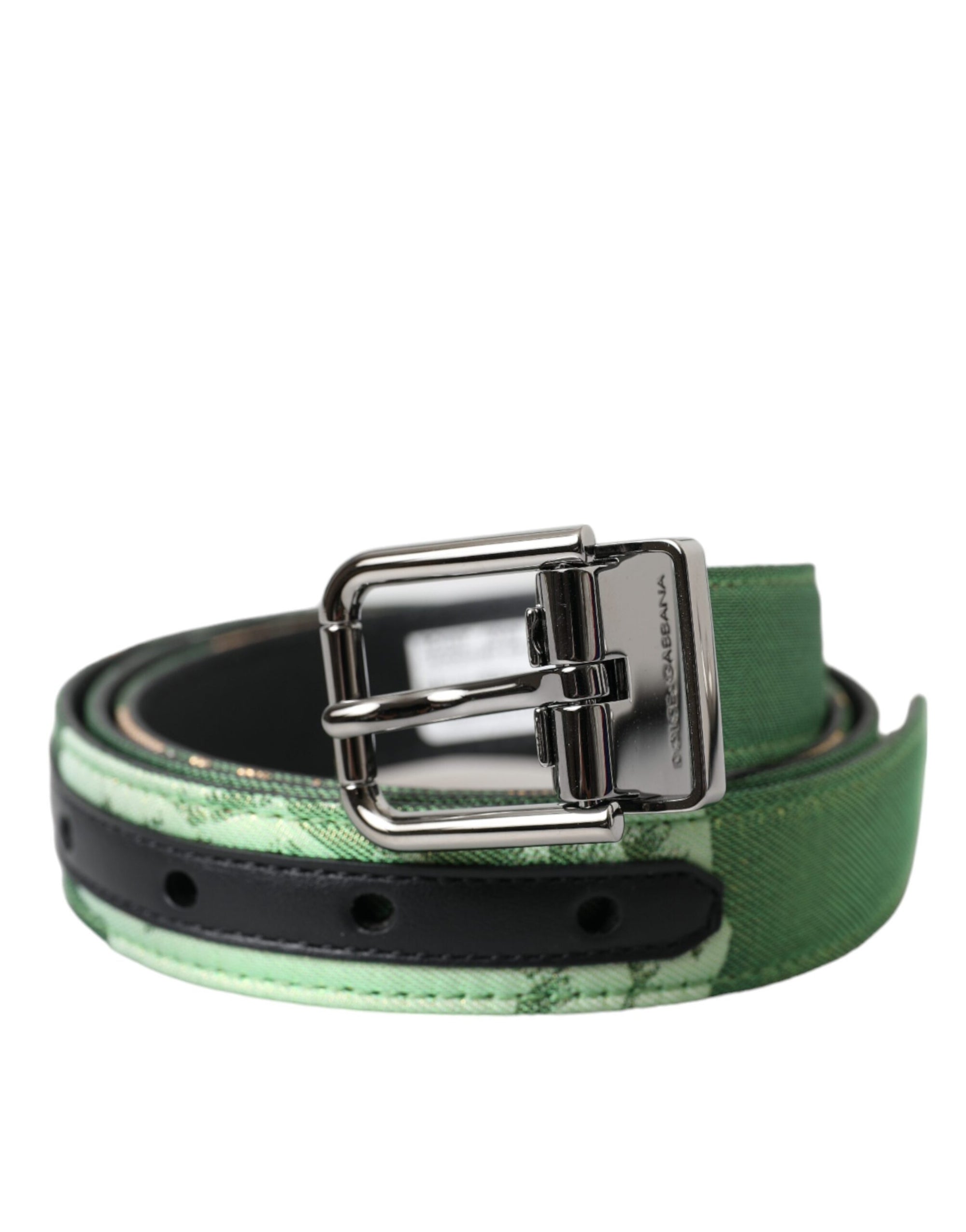 Dolce & Gabbana Green Leather Jacquard Silver Metal Buckle Belt - Maison Luxe