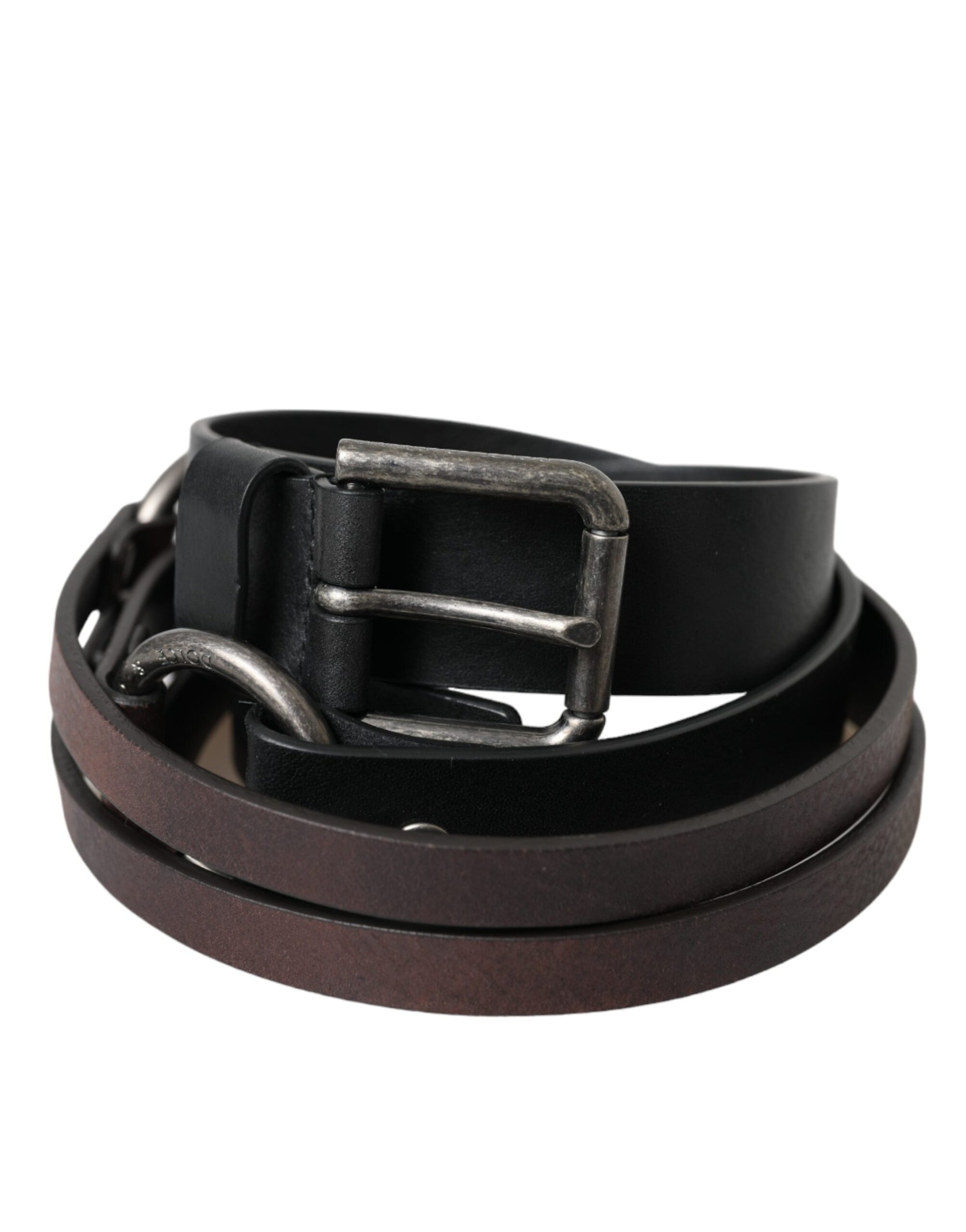 Dolce & Gabbana Black Brown Leather Silver Metal Buckle Belt - Maison Luxe