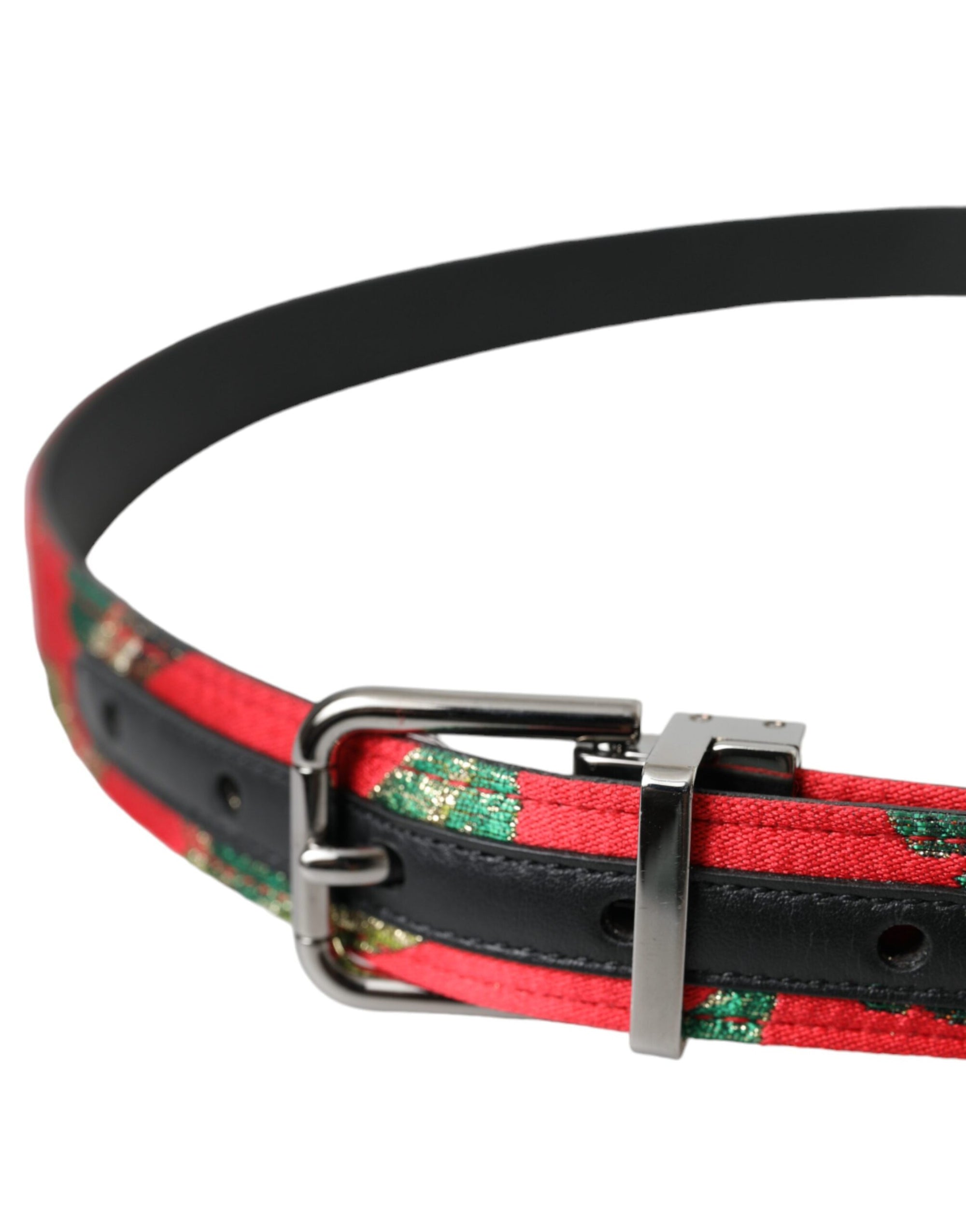 Dolce & Gabbana Red Leather Jacquard Silver Metal Buckle Belt - Maison Luxe