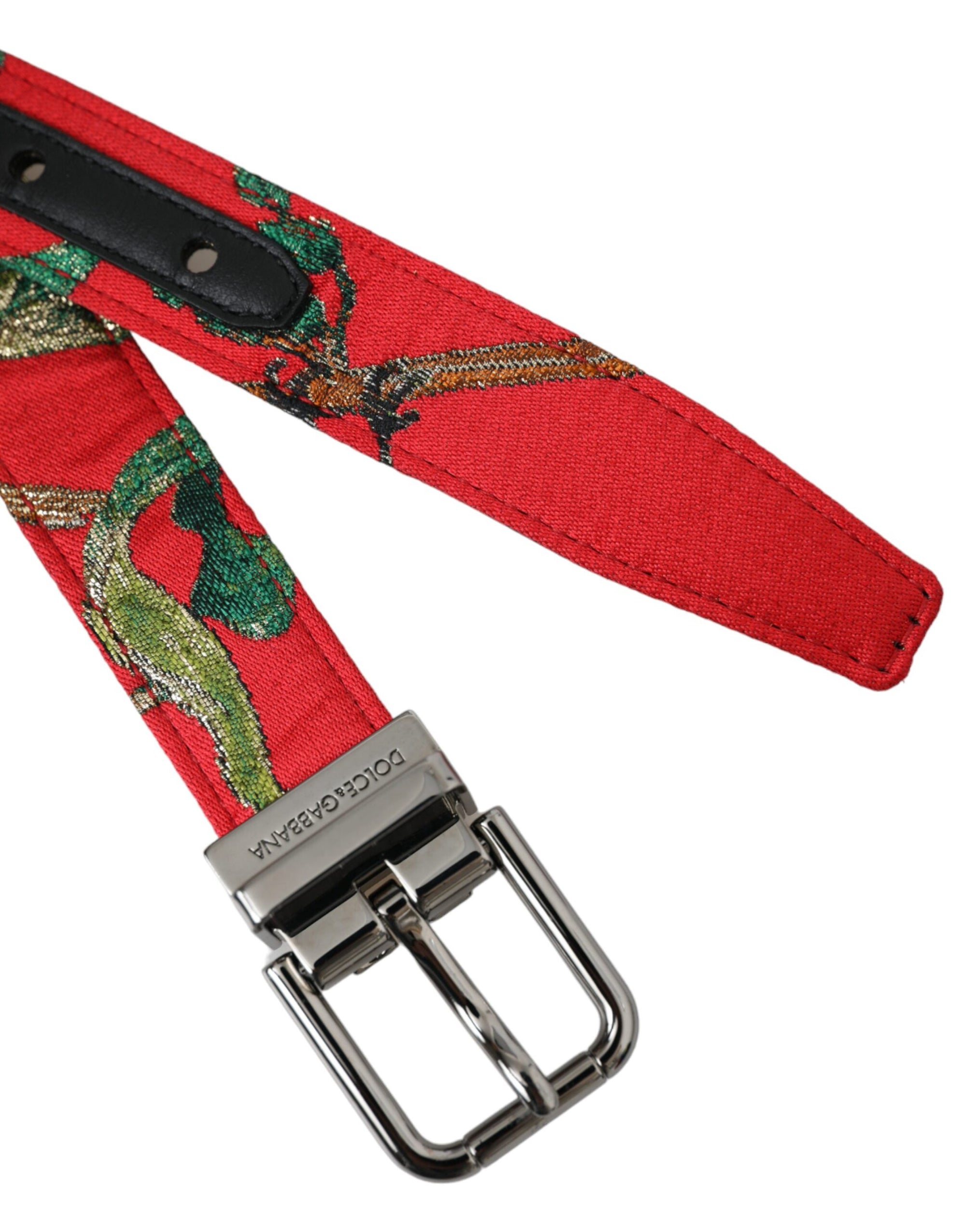 Dolce & Gabbana Red Leather Jacquard Silver Metal Buckle Belt - Maison Luxe
