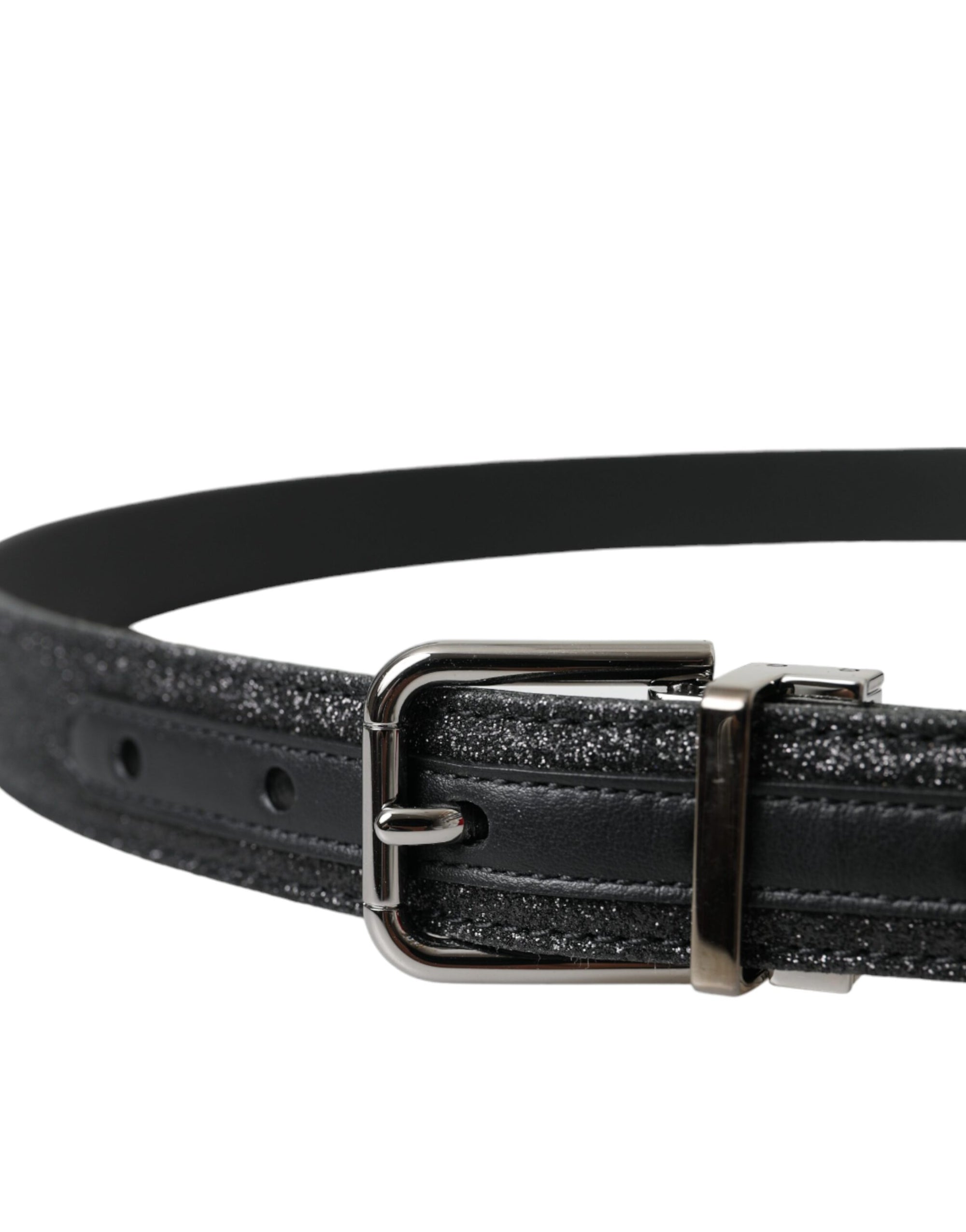 Dolce & Gabbana Black Glittered Leather Silver Buckle Belt - Maison Luxe