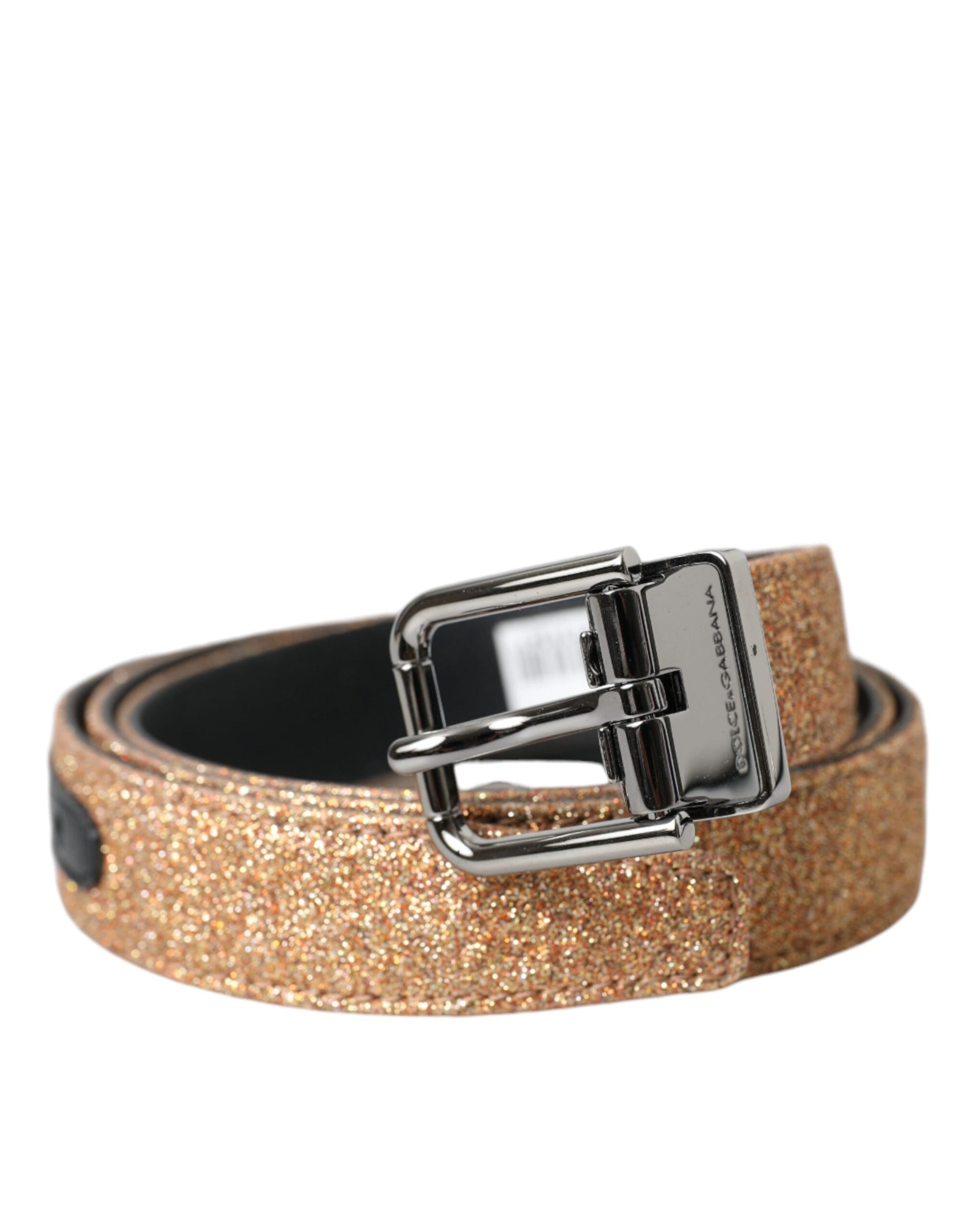 Dolce & Gabbana Gold Glitter Leather Silver Metal Buckle Belt - Maison Luxe