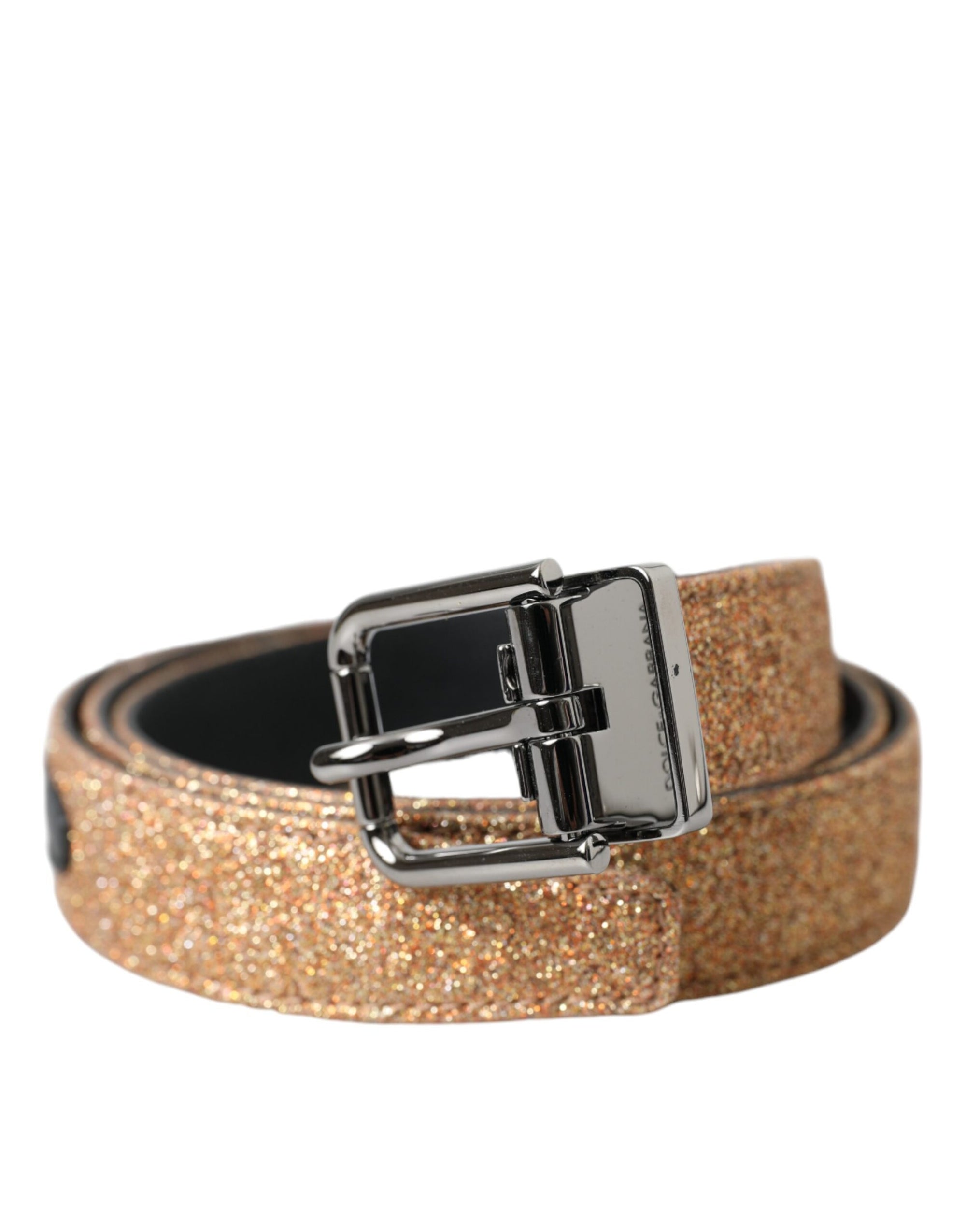 Dolce & Gabbana Gold Glitter Leather Silver Metal Buckle Belt - Maison Luxe