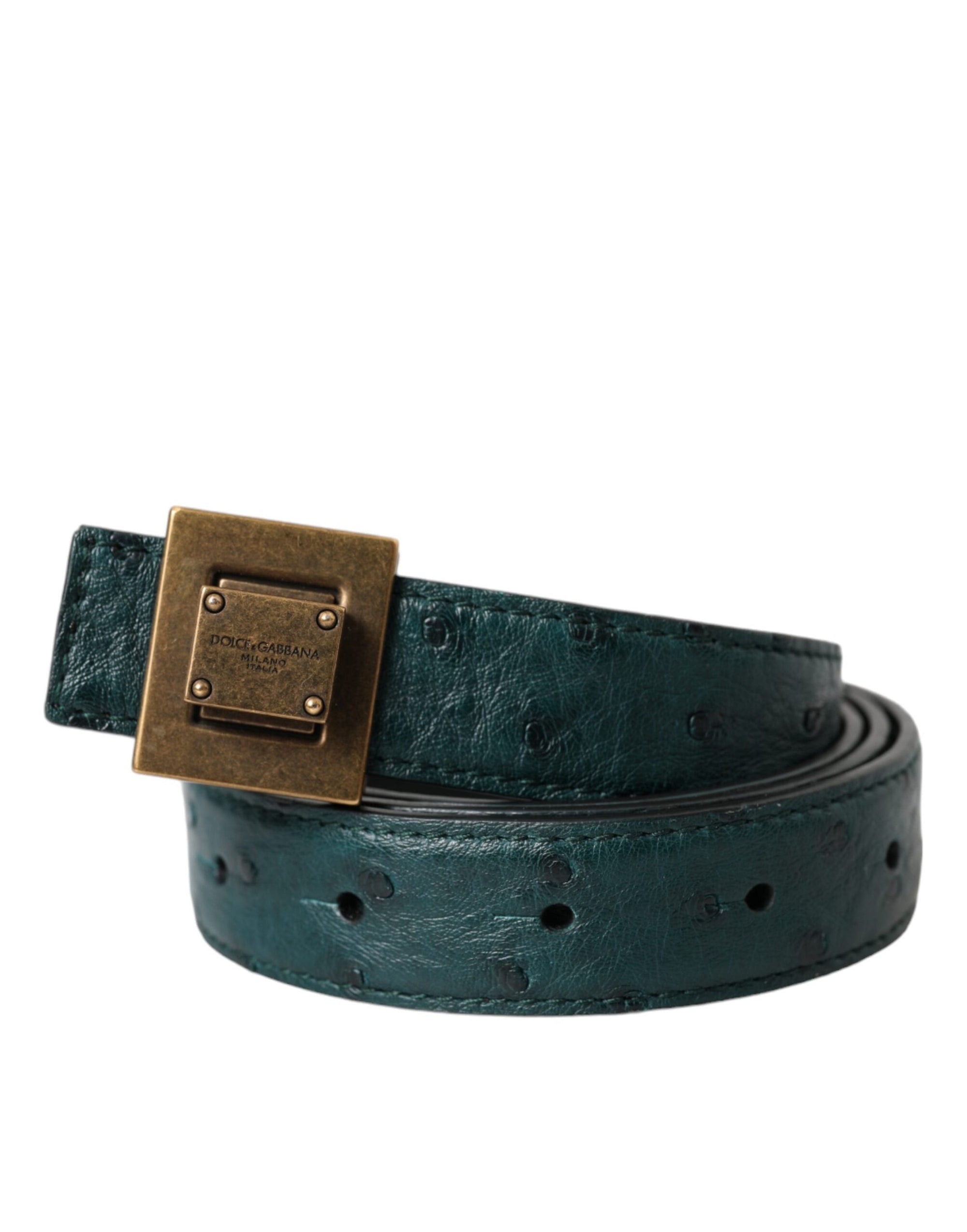 Dolce & Gabbana Dark Green Leather Square Metal Buckle Belt - Maison Luxe