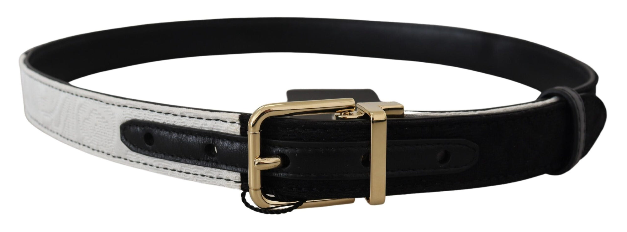 Dolce & Gabbana White Black Patchwork Gold Metal Buckle Belt - Maison Luxe