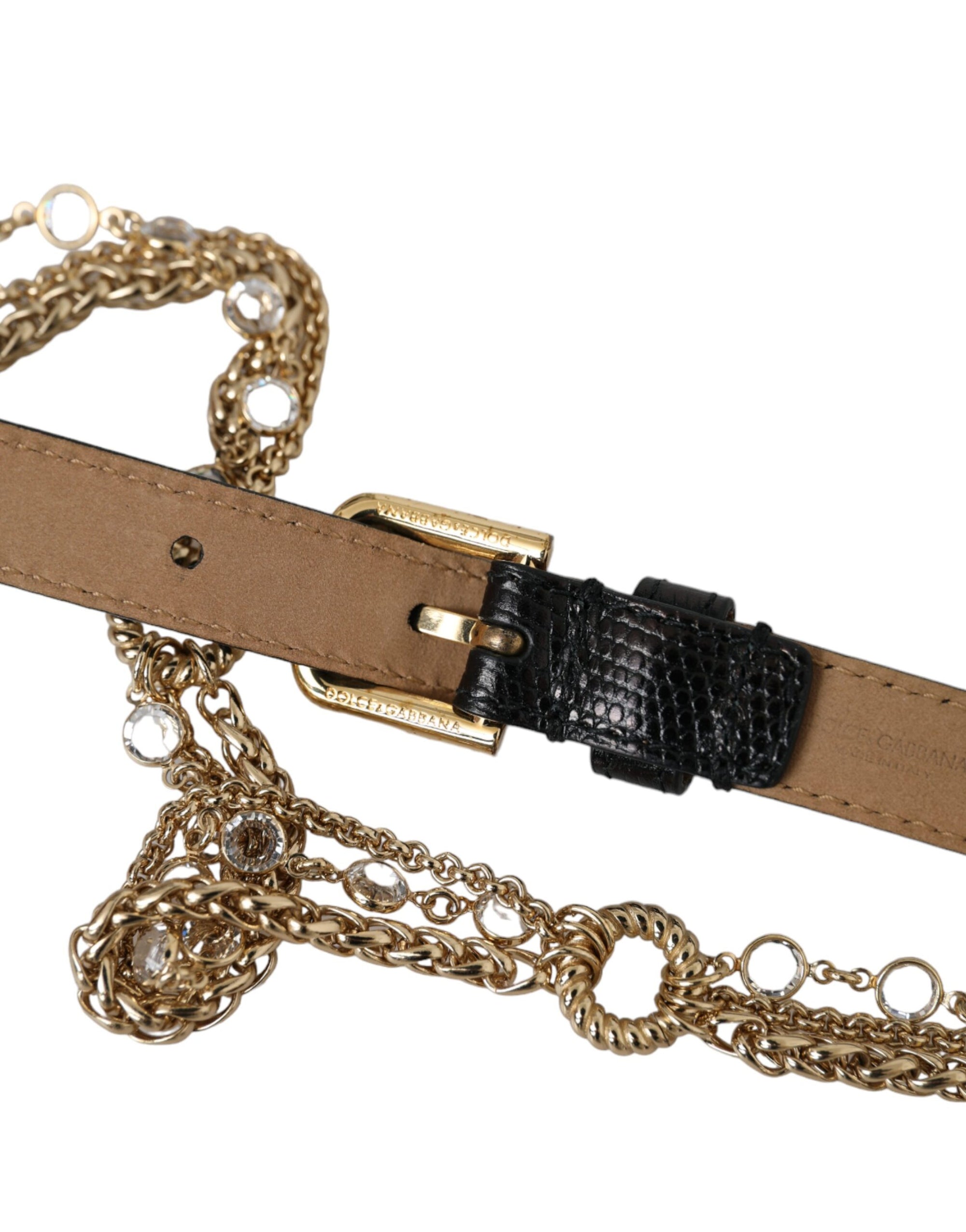 Dolce & Gabbana Black Leather Gold Chain Crystal Waist Women Belt - Maison Luxe