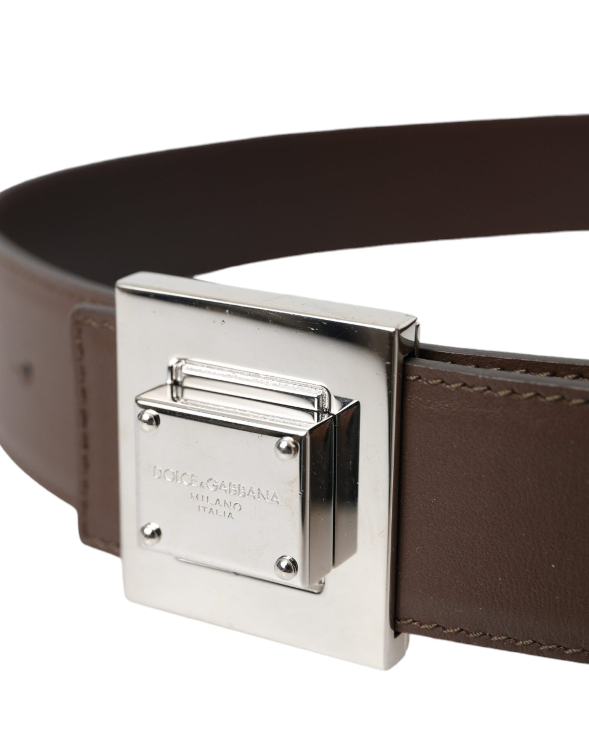 Dolce & Gabbana Brown Calf Leather Square Metal Buckle Belt - Maison Luxe