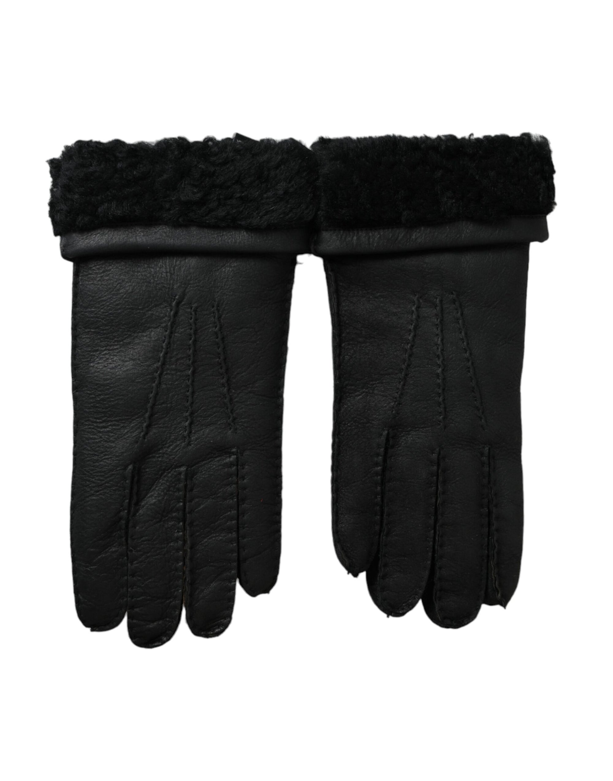 Dolce & Gabbana Black Leather Fur Short Hands Gloves - Maison Luxe