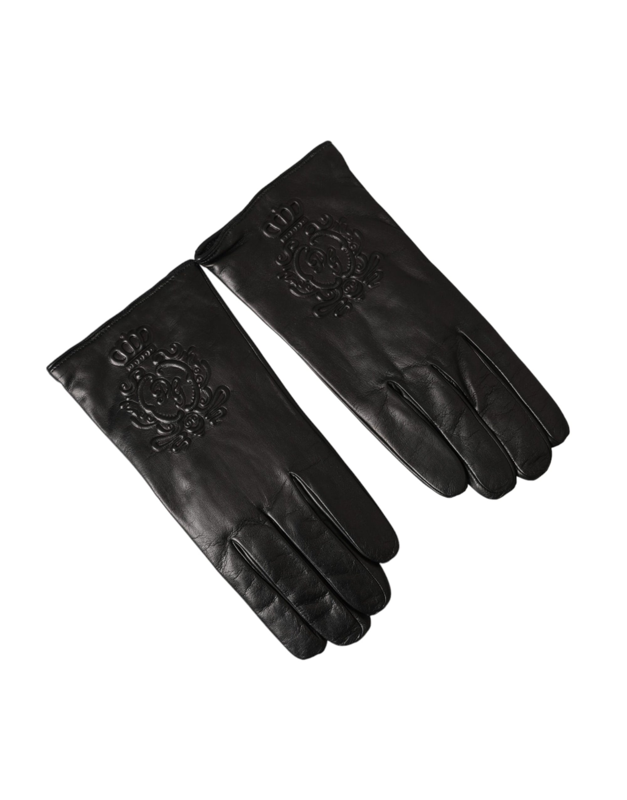 Dolce & Gabbana Black Leather Embossed Logo Short Hands Gloves - Maison Luxe